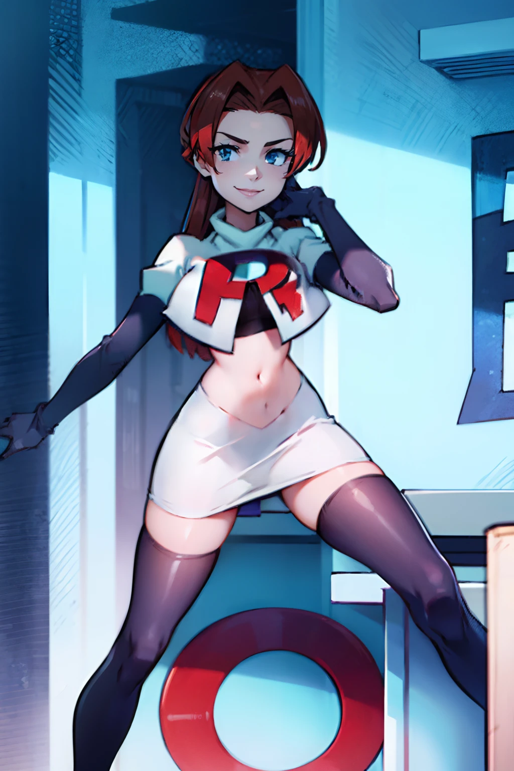 deliaketchum, team rocket,team rocket uniform, red letter R, white skirt,white crop top,black thigh-highs,black elbow gloves, evil smile