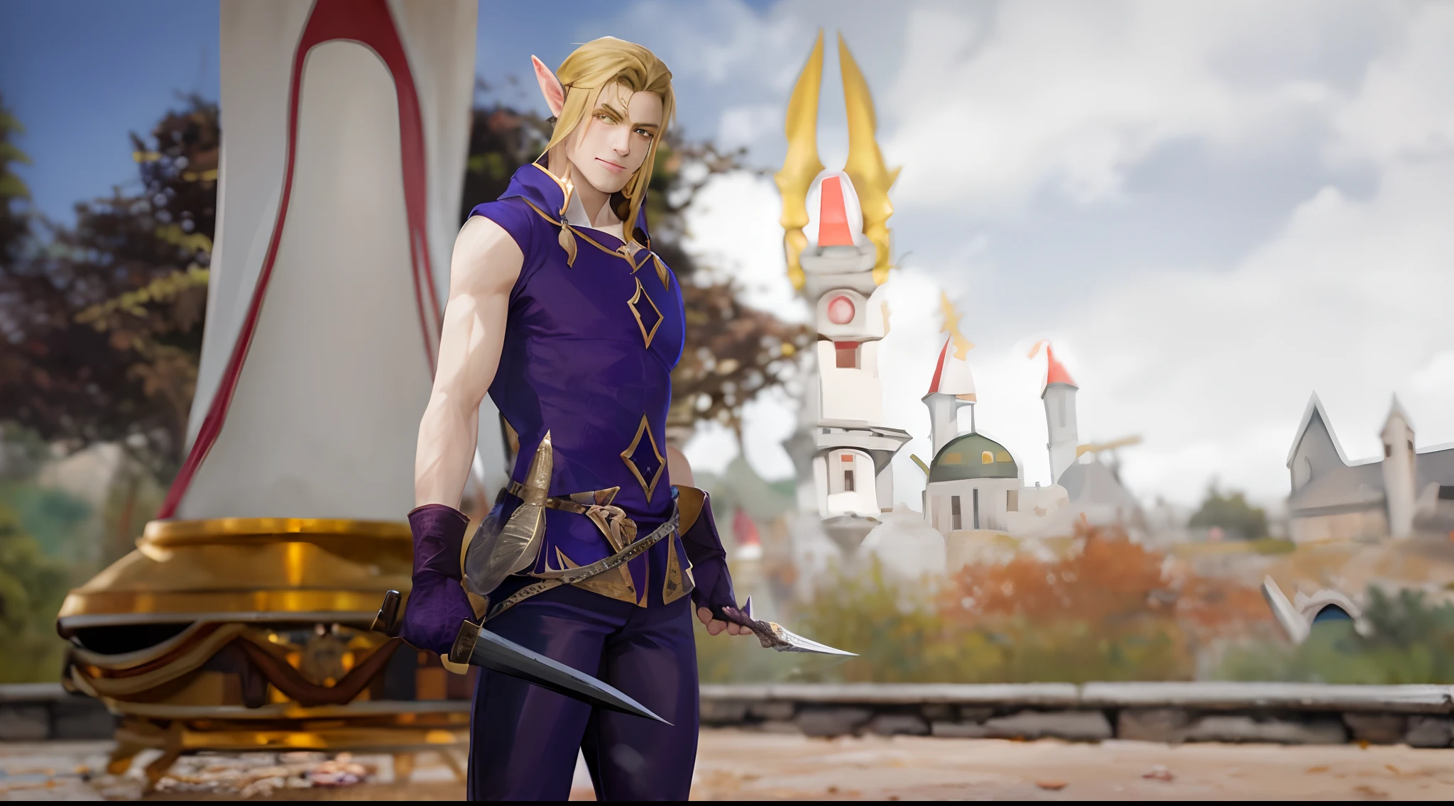 There is a man in a purple suit holding two daggers, one in each hand, Ranger elfo rubio masculino, Hermoso elfo masculino, un elfo macho, Un retrato de un elfo macho, elven male, elven character with smirk, Elven blond warrior, skinny male fantasy alchemist, Ranger elfo macho, Elfo macho de piel plateada, Elfo centrado, Joven medio elfo asesino