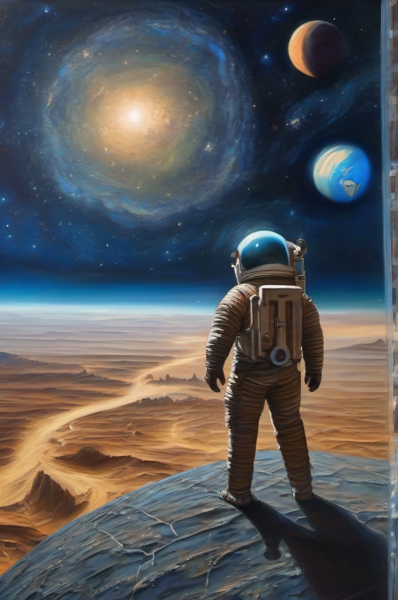 Oil paints,acrycle painting,tmasterpiece,Renaissance style,(Masterpiece, Top quality, Best quality, offcial art, Beautiful and aesthetic:1.2), The painting depicts scenes of breathtaking images of magnificent spaces。The picture shows a man wearing a spacesuit,Facing the audience,Look at a blue glowing planet in space,The scene is highly-detailed,Clarity is extraordinary,Every intricate detail of the panorama is captured,the background is the milky way galaxy