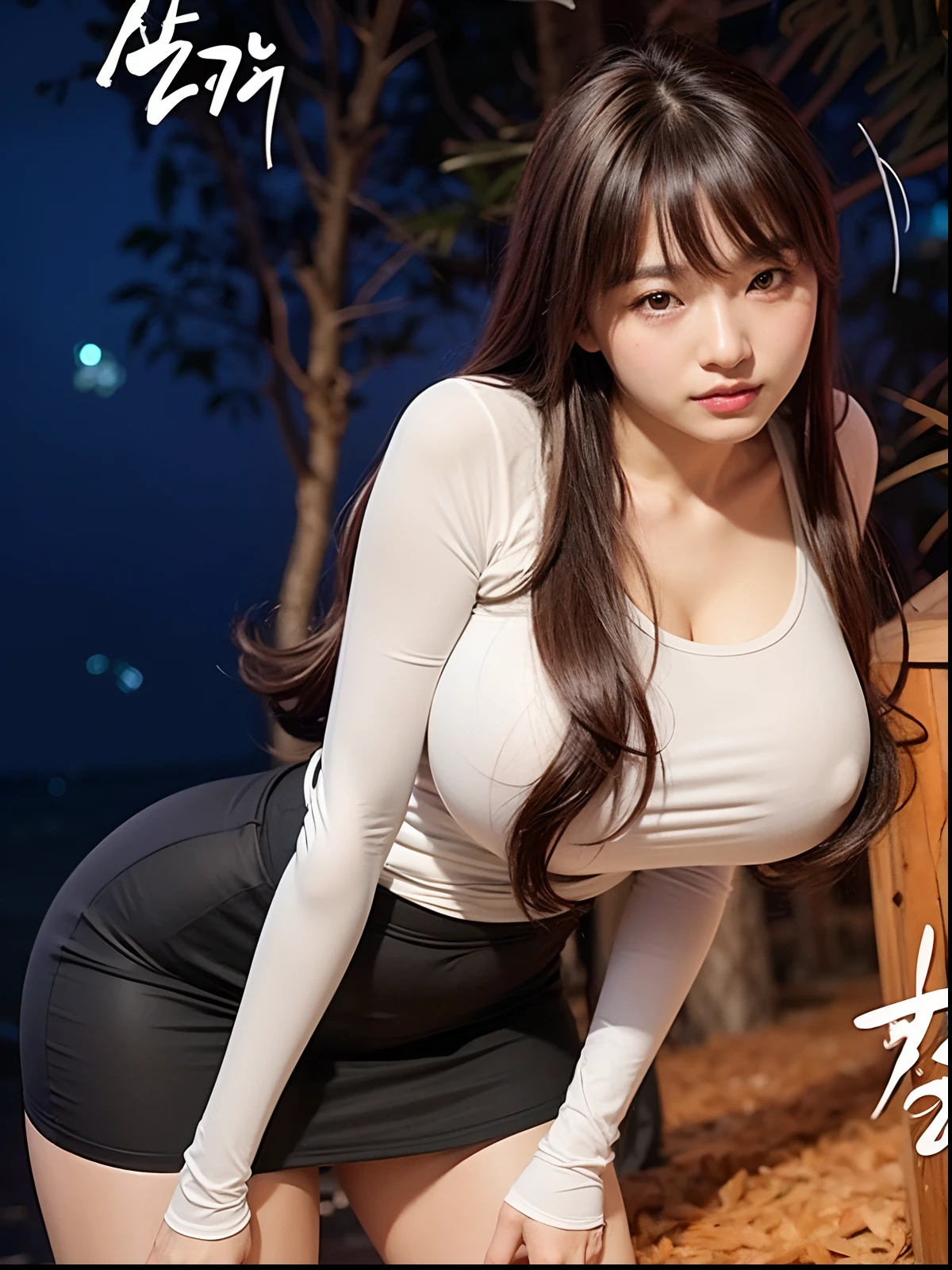 Korean woman with brown hair and brown eyes leaning forward, she has a buxom body with large breasts, she is wearing a white long sleeved shirt and a black skirt.