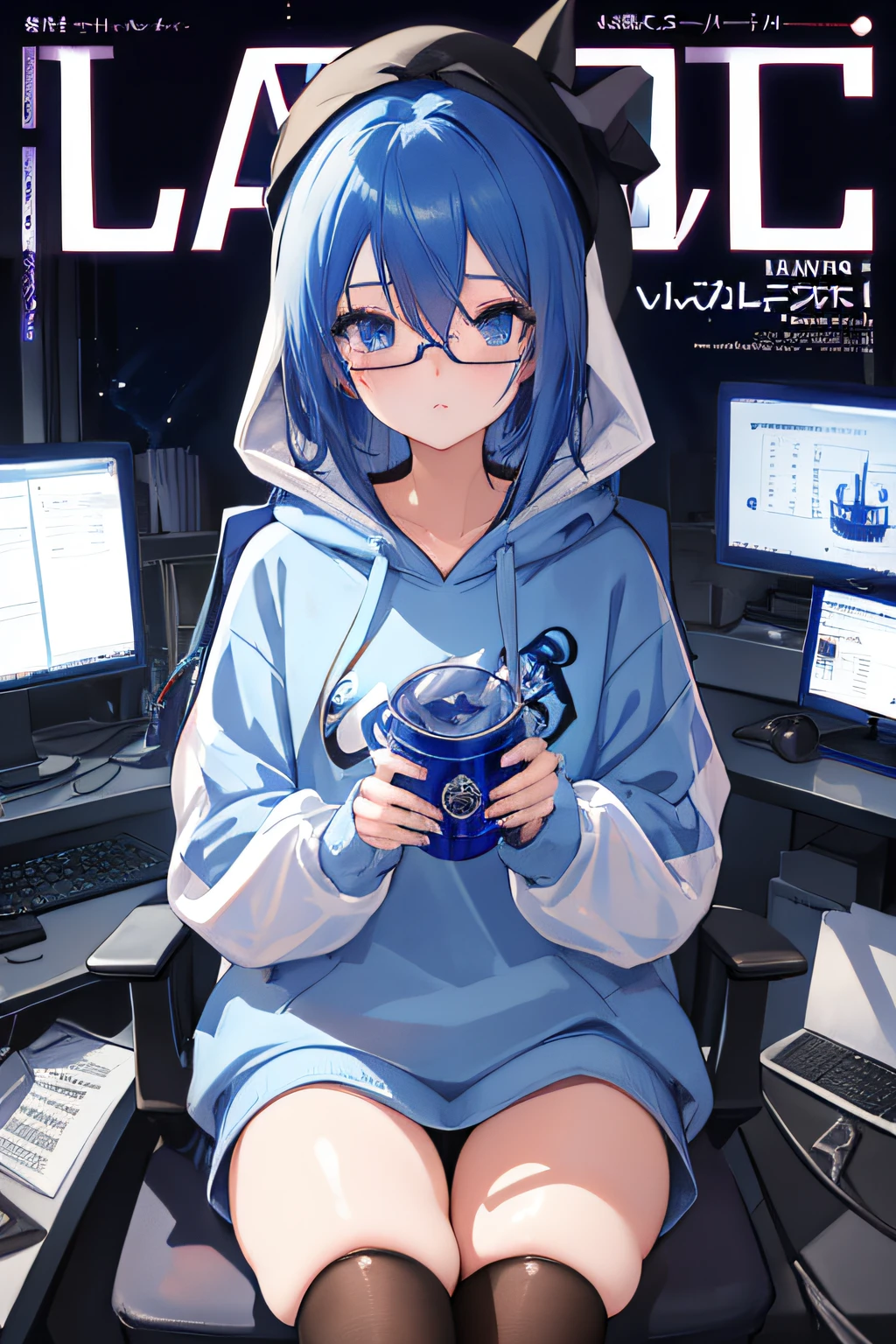 (tmasterpiece:1.3), best qualtiy, offcial art, MagazineCover, ultra - detailed, 1girl, , hacking, kawa, Use a computer, Blue hair,Sweatshirt hats, eBlue eyes, eye glass, adolable, quadratic element, style of anime, Non-realistic