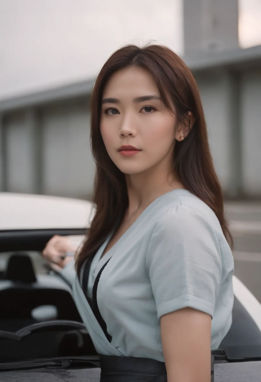 arafed woman leaning on a car in a parking garage, wide angle , dinamic,, logo, advertisment, super ultra quality, no artifacts, takata yamamoto style, jackie tsai style, set in tokyo bank parking lot, 90's color photo, 90s japan, profile pic, tsubasa nakai's style, 90’s photography, 90's photo, in a modified nissan skyline r34, y2k style