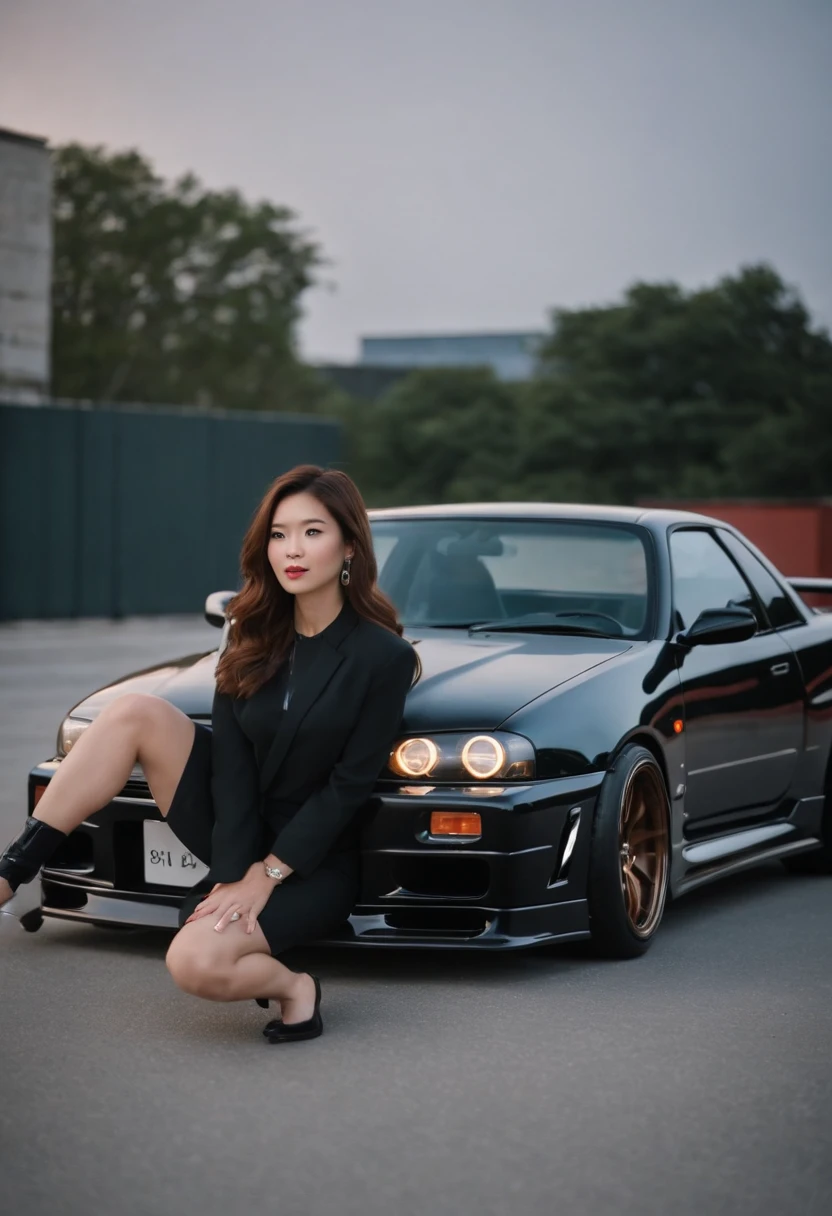 arafed woman leaning on a car in a parking garage, wide angle , dinamic,, logo, advertisment, super ultra quality, no artifacts, takata yamamoto style, jackie tsai style, set in tokyo bank parking lot, 90's color photo, 90s japan, profile pic, tsubasa nakai's style, 90’s photography, 90's photo, in a modified nissan skyline r34, y2k style