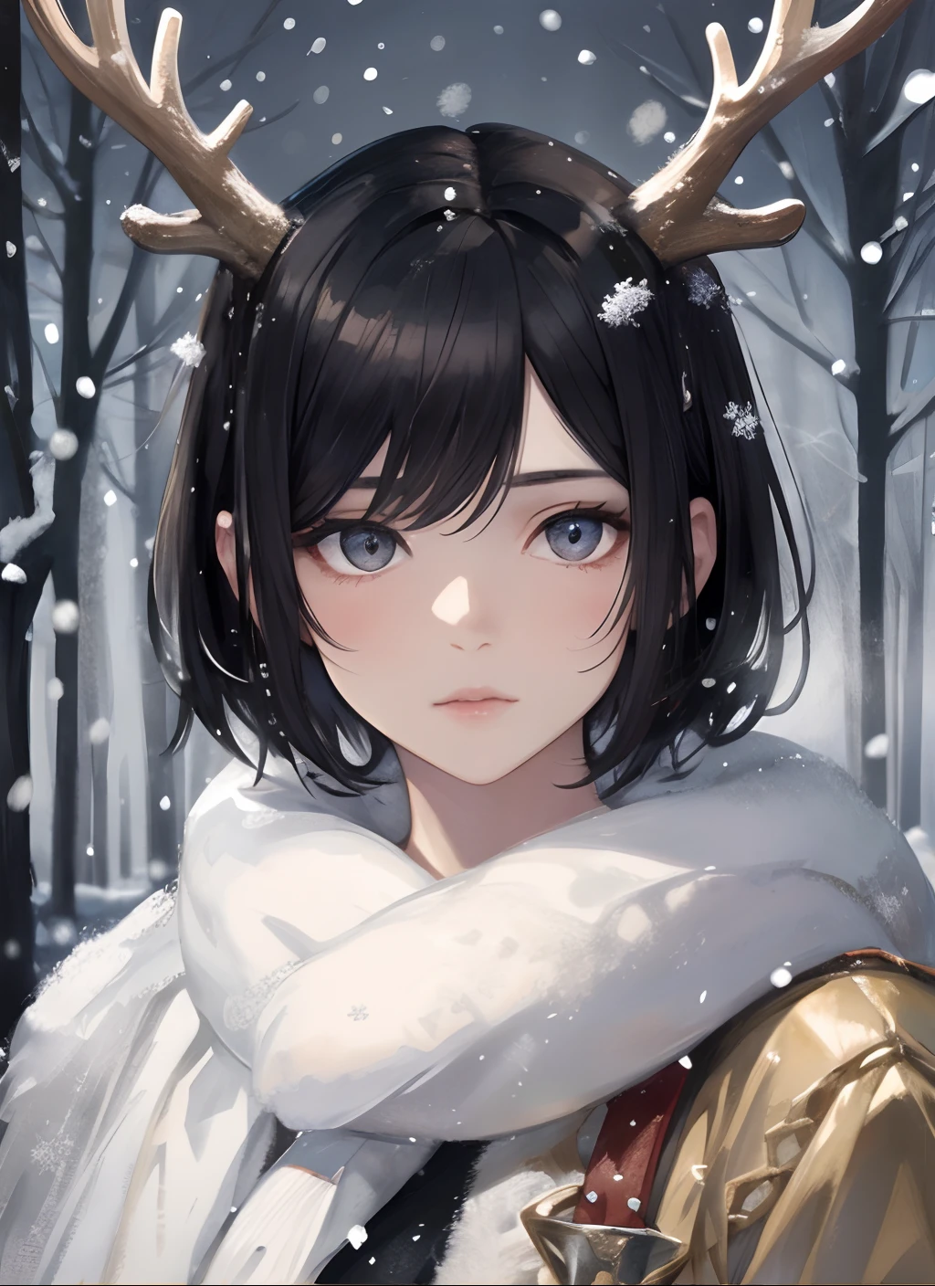 Anime girl with antlers in snowy winter forest, artwork in the style of guweiz, Detailed Digital Anime Art, Beautiful Portrait, Detailed portrait of a girl in watercolor, guweiz on artstation pixiv, guweiz on pixiv artstation, portraitures , girl portrait, portrait knights of zodiac girl, watercolor paiting