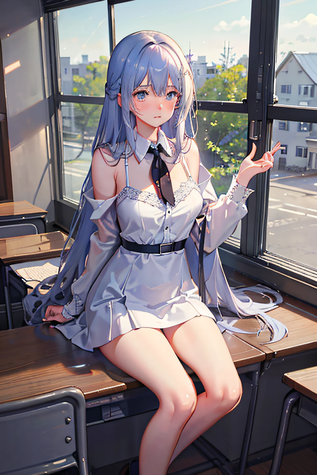 People have long hair、、Lace lingerie、Look away、I sit,legs are open、m embarrassed、Blushing、Classroom Classroom Ass cocked off the ground A girl peeing Beautiful white flowing hair,Light blue eyes,Beautiful detailed eyes, ,wearing only his underwear