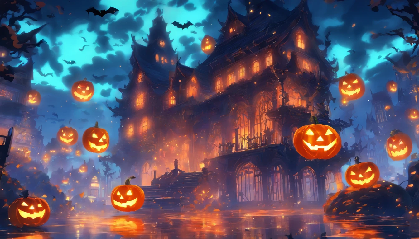 Halloween Floating Lights, Light and reflection in the film, glowing lights, Intermediate elements of the metaverse,Digital Painting, Bright Reflections, reflect, Halloween Jack-o'-lantern, Quiet night, Digital Illustration, lovely atmosphere, Skylight at night, Quiet atmosphere at night, Jack-o'-lantern, Halloween, it is night, 10, The game scene, Halloween, Surrounded by clouds, New York's Buildings, Enamel Tile, beautifuly color, There are three arches in the foreground((Tinted Ink ) ), ((splashing ink) inky})), tmasterpiece, High career, graphics beautiful, high details,magnifica