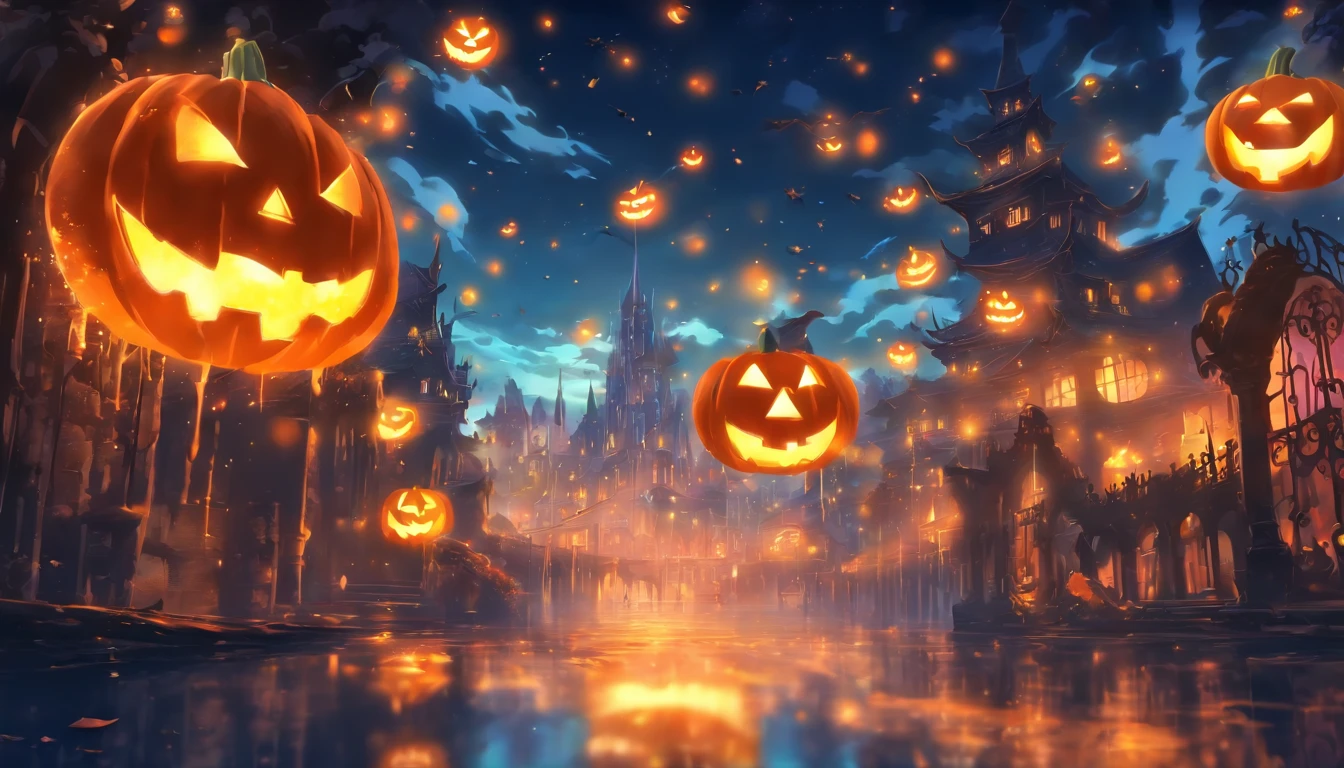 Halloween Floating Lights, Light and reflection in the film, glowing lights, Intermediate elements of the metaverse，Digital Painting, Bright Reflections, reflect, Halloween Jack-o'-lantern, Quiet night, Digital Illustration, lovely atmosphere, Skylight at night, Quiet atmosphere at night, Jack-o'-lantern, Halloween, it is night, 10, The game scene, Halloween, Surrounded by clouds, New York's Buildings, Enamel Tile,  beautifuly color, There are three arches in the foreground((Tinted Ink ) ), ((splashing ink) inky})), tmasterpiece, High career, graphics beautiful, high details,magnifica