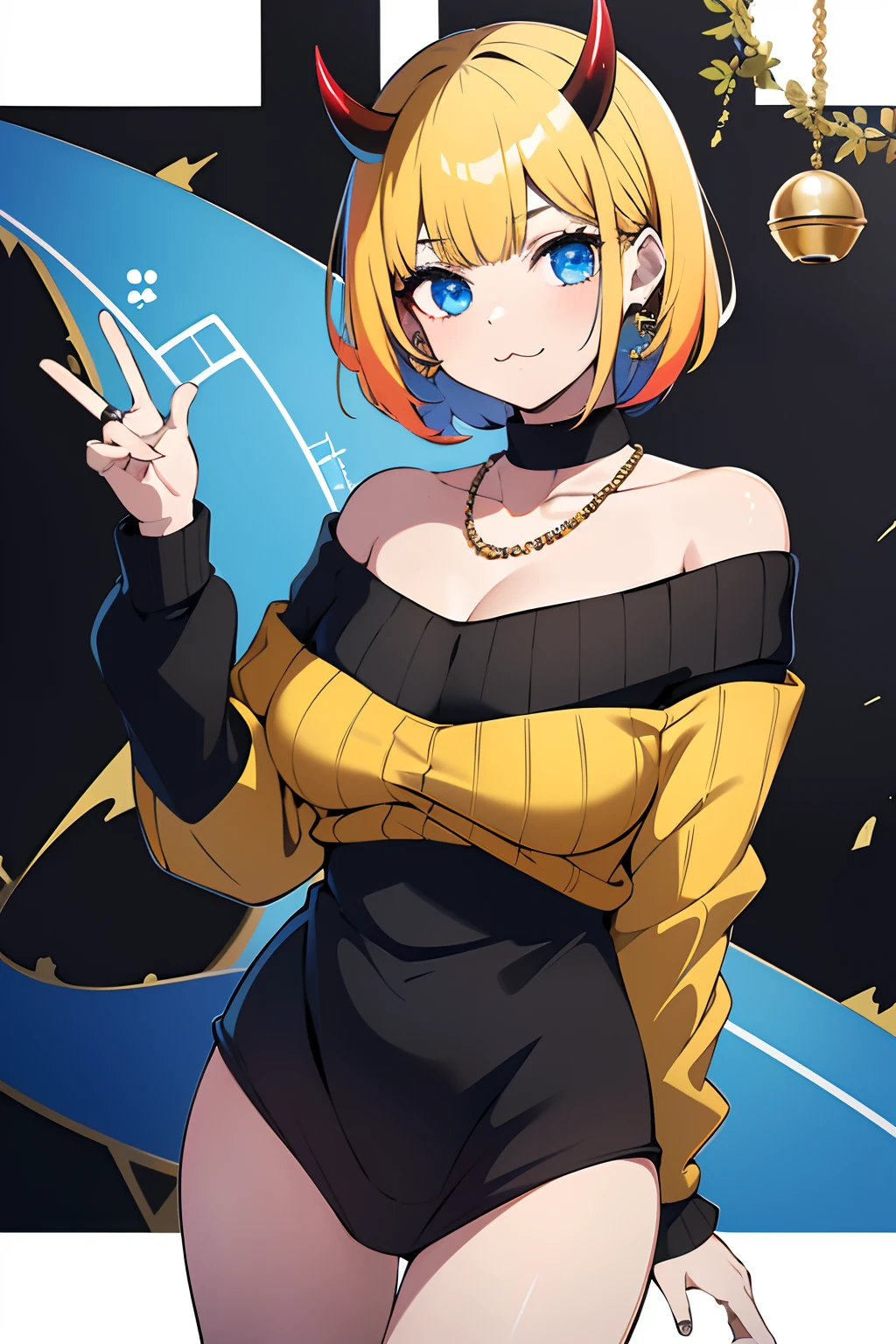 masutepiece,Best Quality, ultra res, Extremely detailed,
1girl in,Memcho multicolored hair, a blonde and a black hair, Short hair,  Blue eyes,  (:3 :1.4)
(Blue sweater, Black shirt, Shirt under sweater, off shoulder top)
pearls necklace, earrings, Horns、Holding an old map in one hand