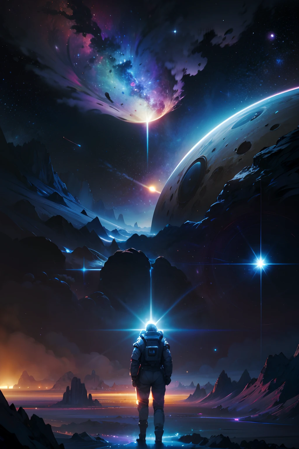 A man in a spacesuit travels across the stars,Explore black holes,Epic space exploration, A breathtaking vista of the universe, futuristic spacecraft, Interstellar Journey, Awe-inspiring celestial scenes, Distant star systems, ethereal nebulae, The grandeur of the universe, The mystery of the universe is revealed, Surreal interstellar landscape."