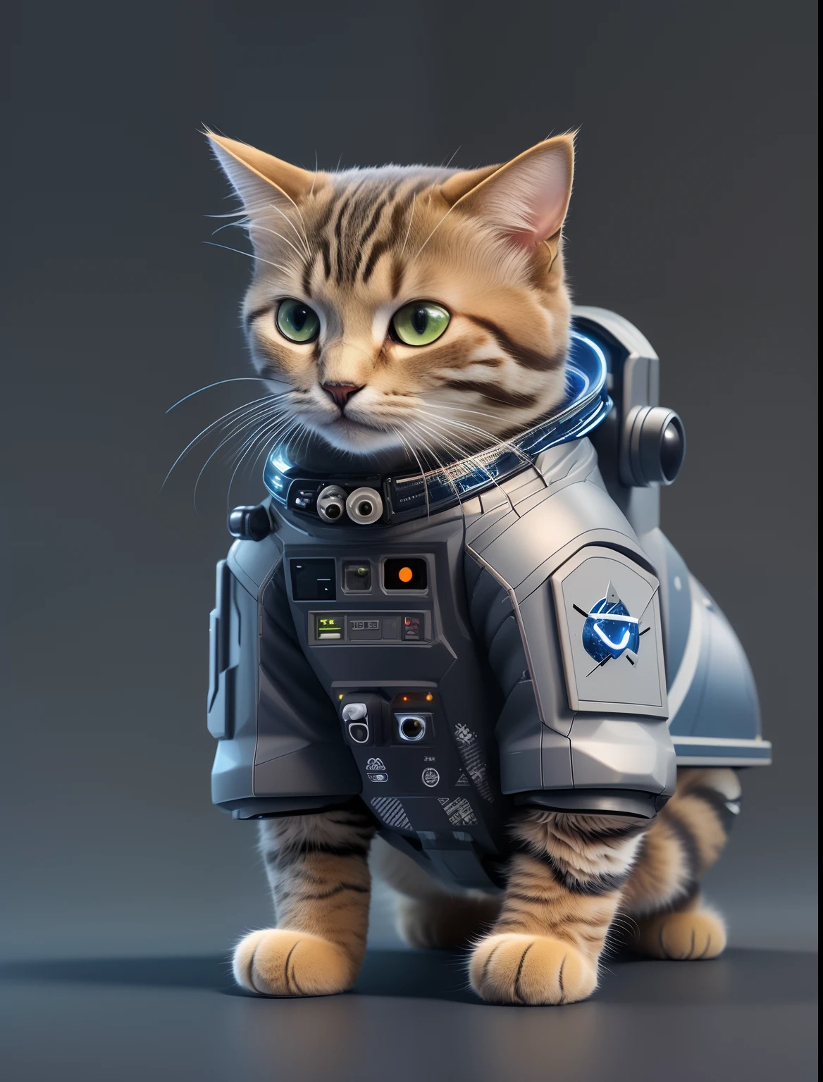 Cat in spacesuit on dark background, astronaut cat, cyborg kitten, space cat, cat in space, cyborg cat, cyborg cat, Cyberpunk cat, armored cat, cat summons a spaceship, ultrarealistic concept art, robotic cat, Cat Warrior, Wearing a small spacesuit, hyper - realistic render, hyper realistic rendering, cat from the void