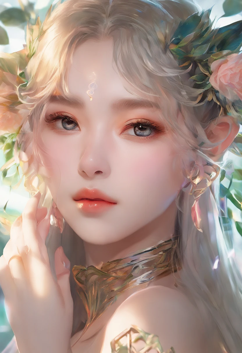 (8K, RAW photo, Photorealistic:1.25) ,( Gloss on lips, eyeslashes, gloss face, Glossy glossy skin, Best quality, 超高分辨率, Depth of field, color difference, Caustics, Broad lighting, naturalshadow,Kpop idol) looking at viewert,Eyes of desire,电影灯光,elvish ears