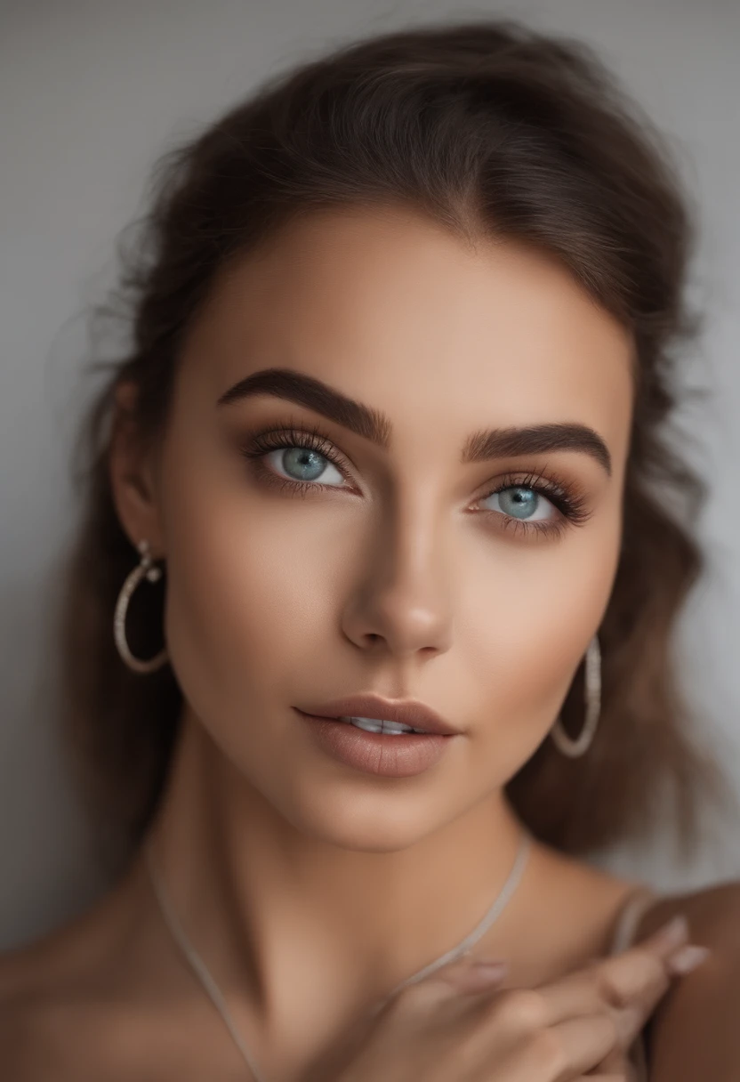 Arafed woman with a white tank top and necklace, fille sexy aux yeux verts, Portrait Sophie Mudd, cheveux bruns et grands yeux, selfie of a young woman, Yeux de chambre, Violet Myers, sans maquillage, maquillage naturel, looking straight at camera, Visage avec Artgram, Maquillage subtil, Superbe photo du corps entier, piercing green eyes\