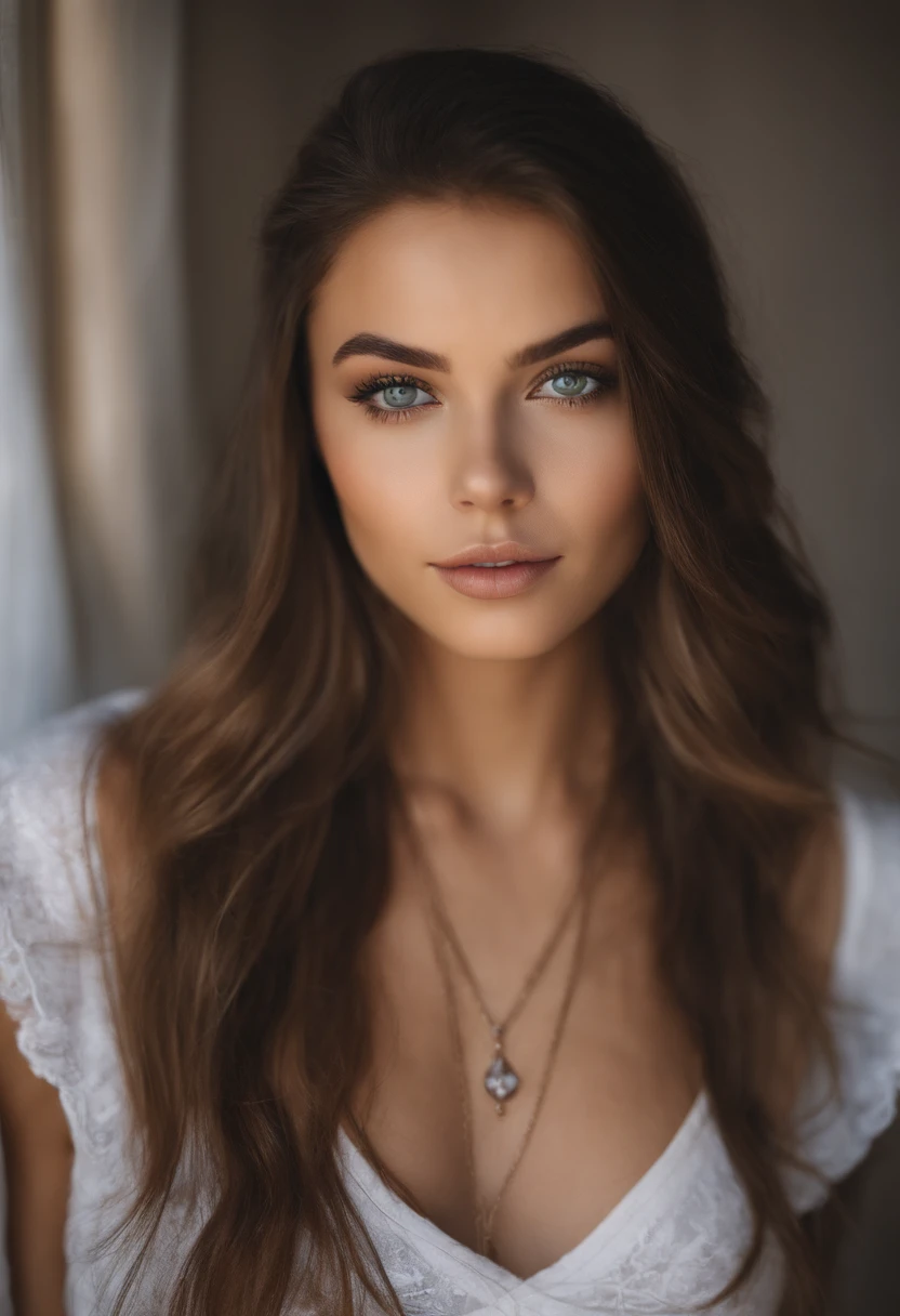 Arafed woman with a white tank top and necklace, fille sexy aux yeux verts, Portrait Sophie Mudd, cheveux bruns et grands yeux, selfie of a young woman, Yeux de chambre, Violet Myers, sans maquillage, maquillage naturel, looking straight at camera, Visage avec Artgram, Maquillage subtil, Superbe photo du corps entier, piercing green eyes\