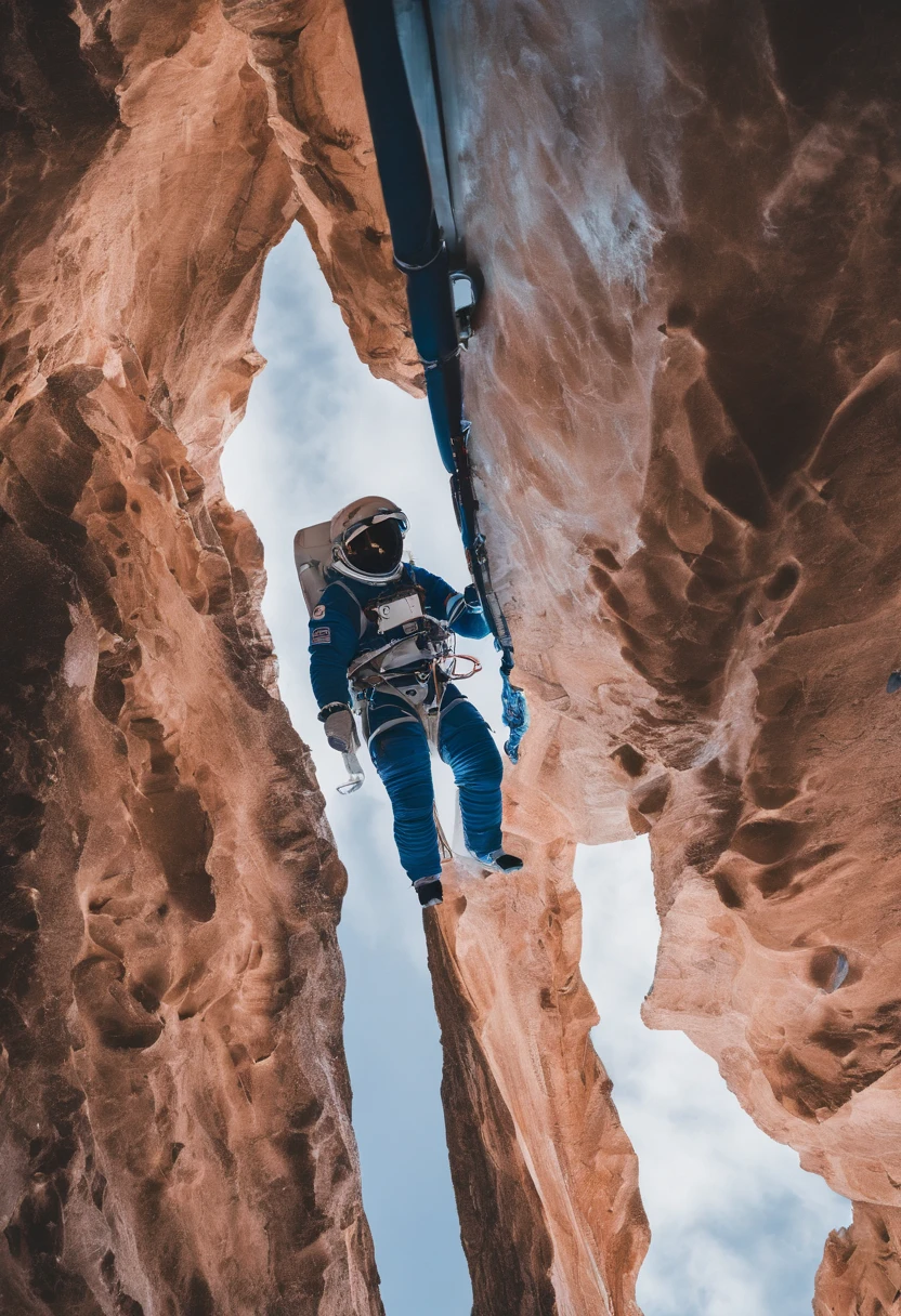 (Chinese astronaut climbers climb steep cliffs:1.37),(Astronaut climbing pose:1.37),The spacesuit is made of nanomaterials,High-performance goggles on the helmet,The complex surface topography of this moon,There are huge canyons,There are also deep cracks,There are also bizarre mountains and raised hills。substance:minerals,,climber,
Background with:It has a dark blue sheen,Siberian cliffs, Master of Ice, entrapped in ice, Covered in ice, (Elevation angle lens), fozen ice hard edges,
sci-fi fantasy