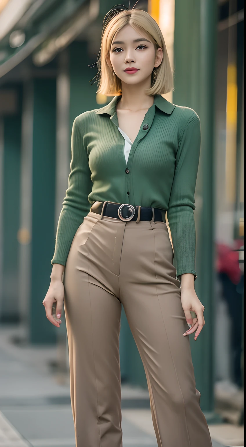 Malay girl wear Half Button Rib Knit Tee with green jacket and High Waist Plicated Detail Suit Pants, short blonde hair, bob haircut with bangs, walking in city street, catwalk, confident walk, carrying handbag, windy, elegance, front view, detail skin, detail skin texture, beautiful malay face, pastel color outfit, small breast, wide hip, wide waist, thick thighs, slim abs, beautiful body, evening, sunset, sun light enhance dramatic mood, arrogant smile, professional cinematic  lighting, blur background, bokeh, realistic, ultra detail, high quality,