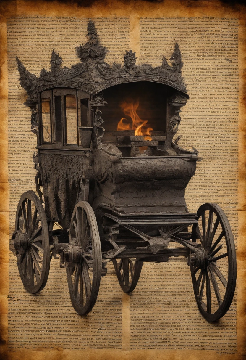 Rough coal sketch on old paper, Drawings of a carriage pulled by horses with flaming heads sketched on an old sheet of paper.