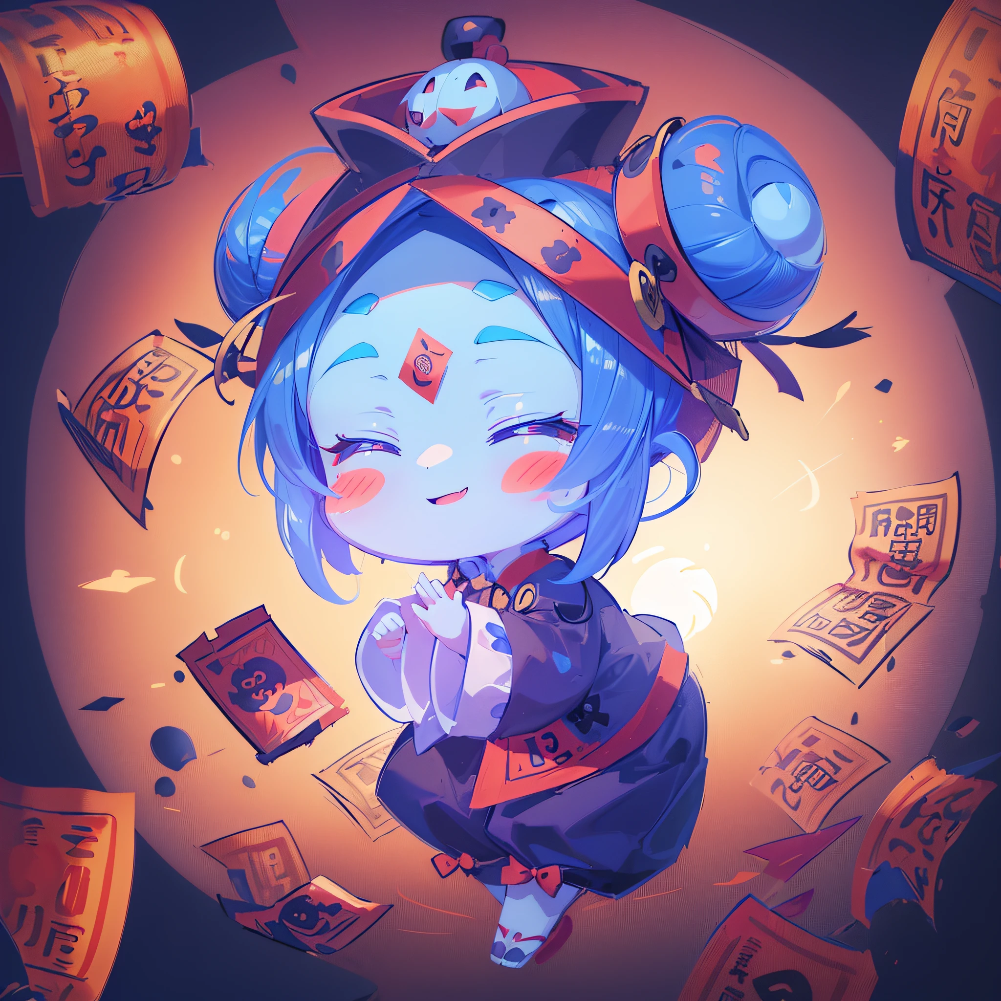 masutepiece, Best Quality, Extremely detailed, girl with, Solo, Happy, Closed eyes,Full body, ((Bun_Head:1.3))), (Blue skin), (((Jiangshi Costume))), (Ōfuda on the forehead :1.4), (((Deformed))), (((Chibi Character))), (Autumn background), halloween night background, moon light