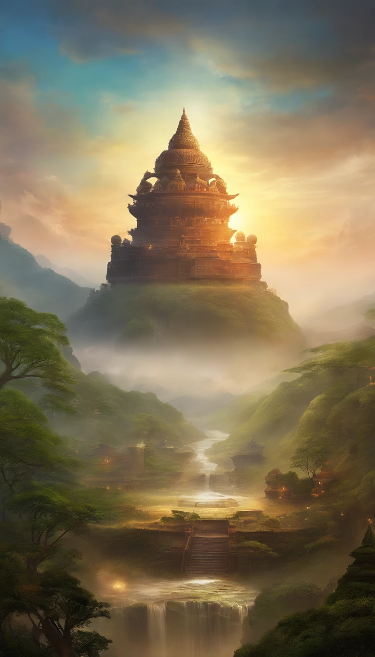 A giant, Realistic depiction of Leshan Buddha, Blend seamlessly with nature, surrealism, Ultra-detailed, Photorealistic:1.37, 3D rendering of, Cinematic lighting, Divine light, Ultra-high definition, Masterpiece:1.2, Textured skin, Best quality, high resolution