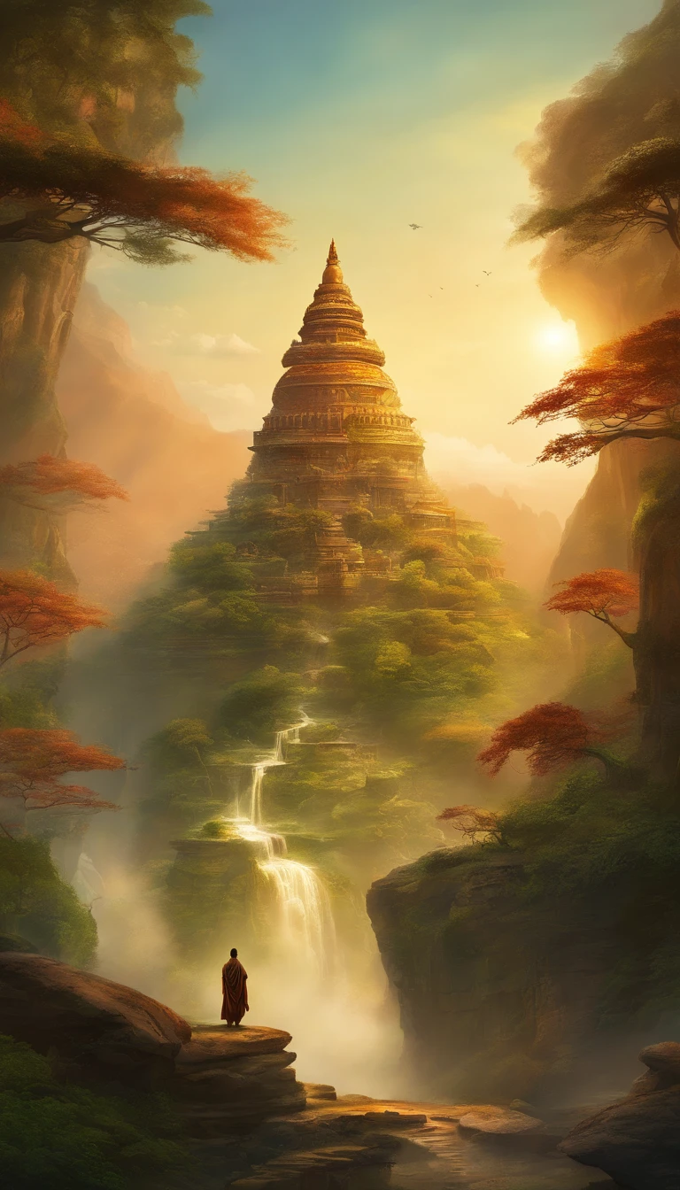 A giant, Realistic depiction of Leshan Buddha, Blend seamlessly with nature, surrealism, Ultra-detailed, Photorealistic:1.37, 3D rendering of, Cinematic lighting, Divine light, Ultra-high definition, Masterpiece:1.2, Textured skin, Best quality, high resolution