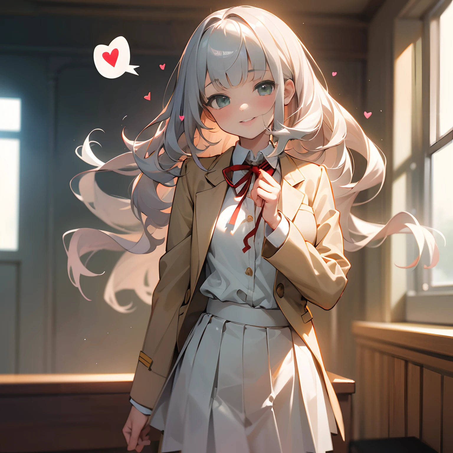 ((Masterpiece)), (Professional Photography:1.2), (High Definition:1.3), best quality, 8K, Textured skin, cinematic lighting, (1girl), short stature, ((cute teenage young girl)), (very blunt bangs, slightly loose curls hair, breasts length hair, high details of pale silver hair), (very blush and smile face), cute green eyes, drooping eyes, ((spoken Hearts)), slender waist, (pale Ivory color blazer student's uniform, white blouse, red string ribbon, brown skirt), cute posing, (in the school)