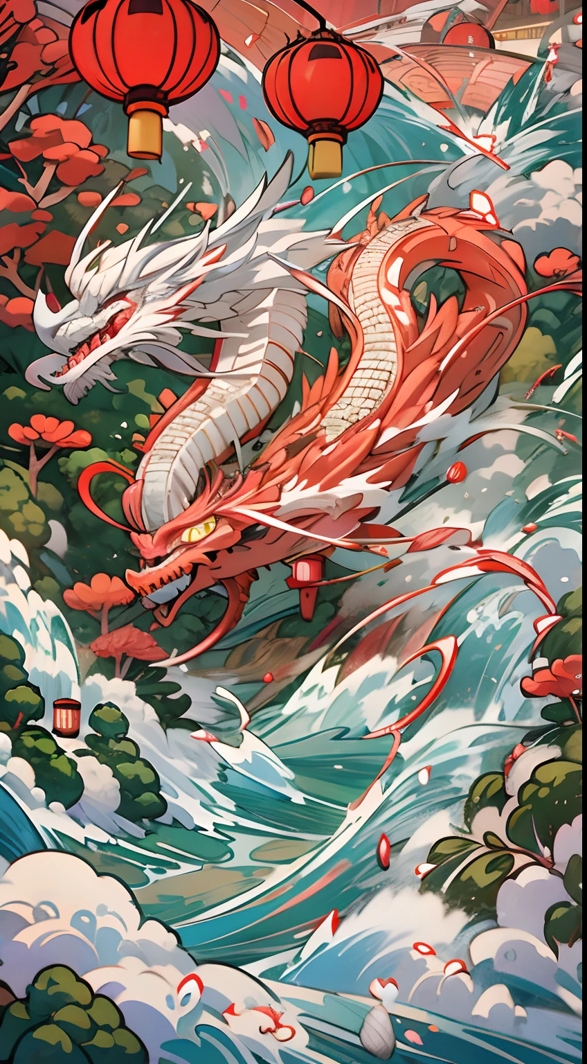 A Chinese dragon circling around，surrounded by cloud，Lots of red lanterns，mountain water，the trees，plethora of colors，Taste of the year，White waterfall，White water waves，There are no characters
