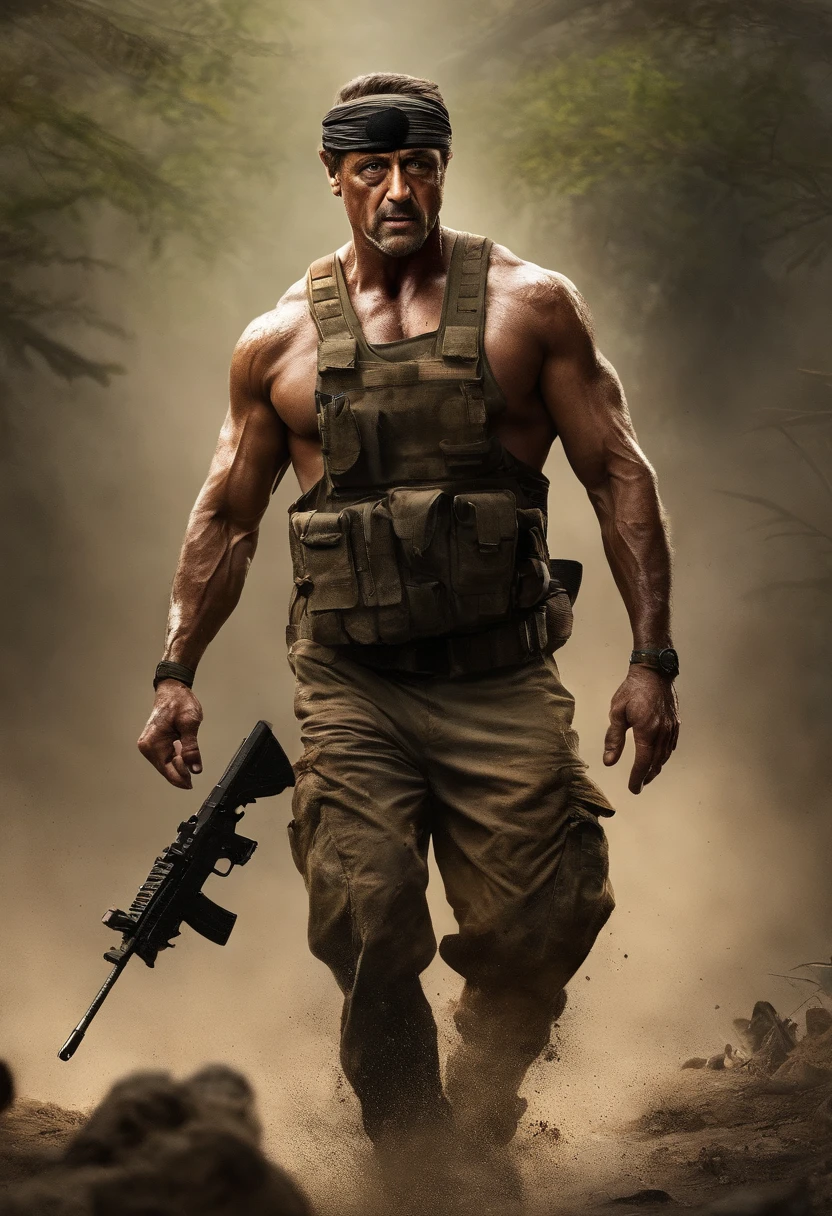 (best quality,4k,8k,highres,masterpiece:1.2),ultra-detailed,(realistic,photorealistic,photo-realistic:1.37),Soldier, Hamas, action hero,muscular body,ripped muscles,confident expression,strong jawline,intense gaze,fierce determination,signature headband,battle-worn camouflage clothing,commando knife,bandolier,assault rifle,explosions in the background,dense jungle setting,sweat glistening on the skin,muddy terrain,stealthy approach,color grading with earthy tones,dynamic lighting creating dramatic shadows,gritty details,high contrast,adrenaline-filled atmosphere,blurred background emphasizing motion,iconic pose,strong highlights,deep shadows,man versus nature,rough textures,explosive action sequence,wide-angle perspective,cinematic feel,heroic proportions,imposing presence,unrelenting warrior,Sylvester Stallone as the ultimate action legend