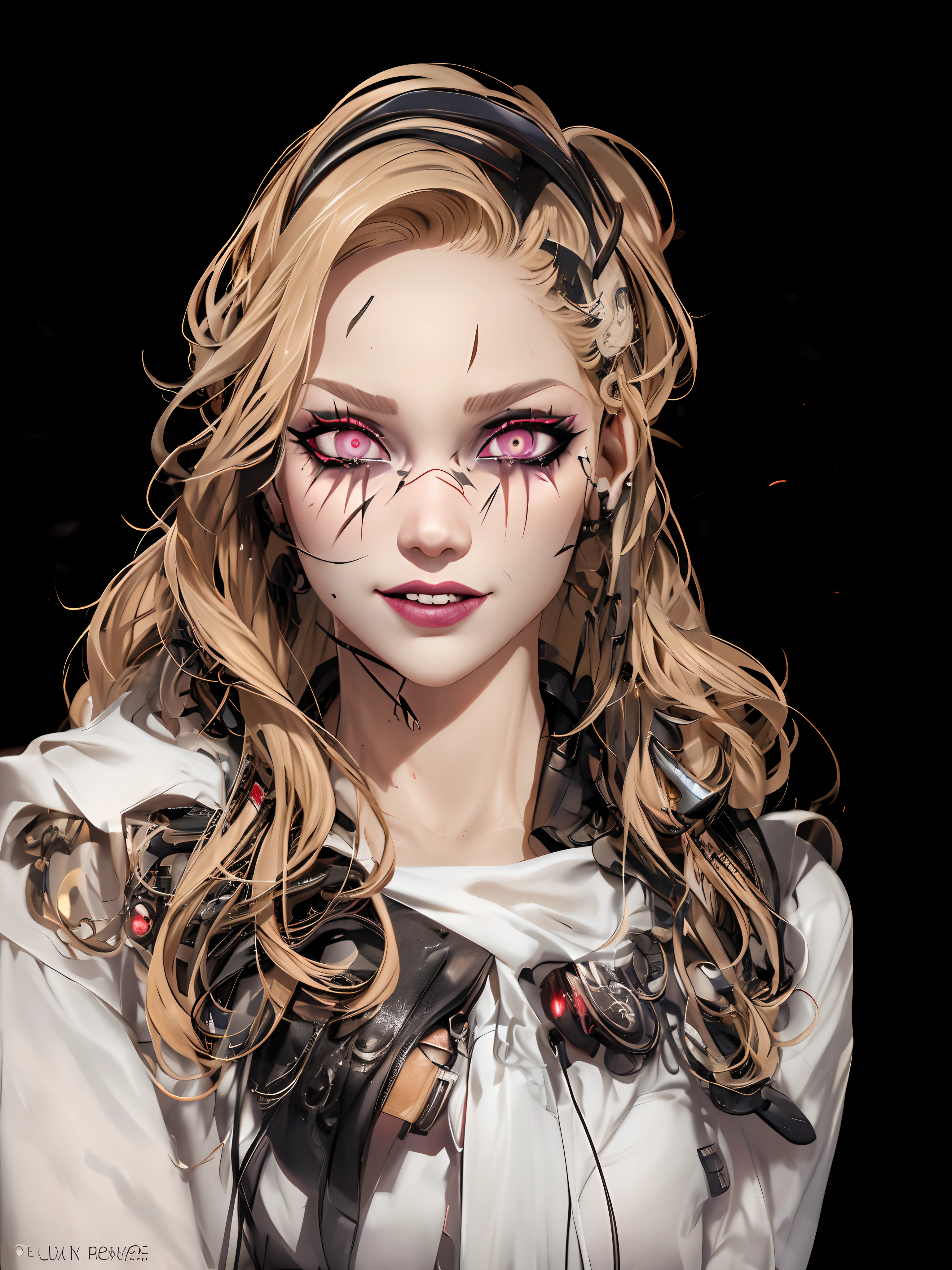 Black pupils, Blonde hair, Animal ears, Evil, guilt, Crazy smile, Makeup, jitome, Gothic art, futurism, Ray tracing, Cinematic lighting, hyper HD, retinas, Masterpiece, ccurate, Award-Awarded, Best quality, 8K
