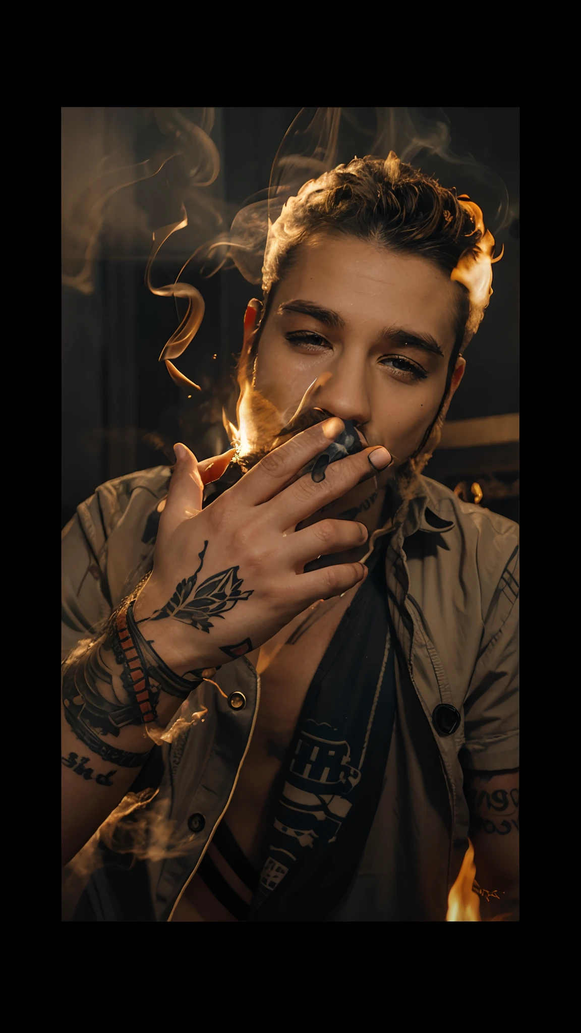 Tattoo on hand Smoking and fire background