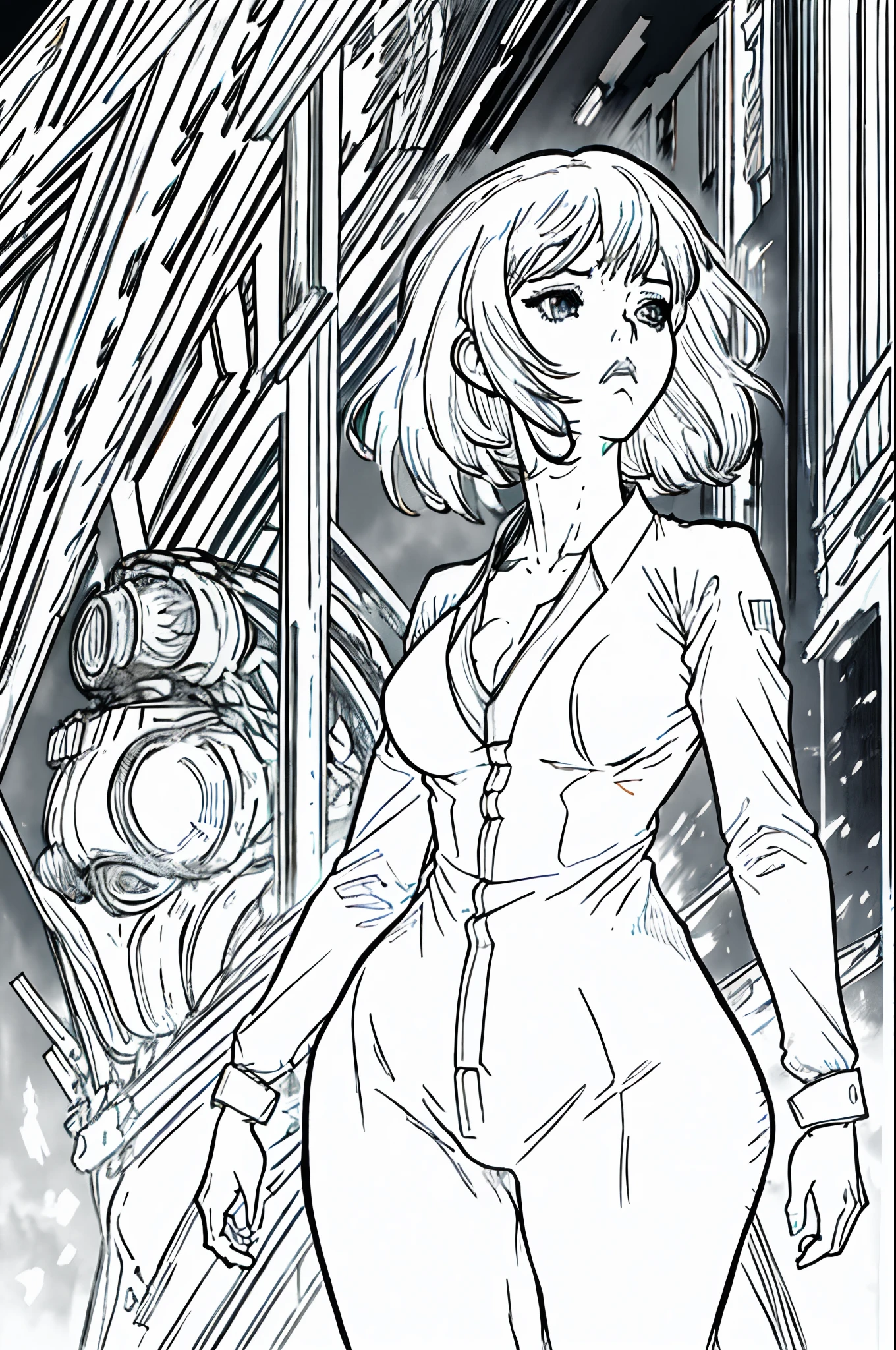 female business suit, fully clothed, torso shot, looking serious, (SEINEN MANGA STYLE), cinematic lighting, by elmore, greg rutkowski, artgerm, alphonse mucha, boichi manga style, lineart, monochrome