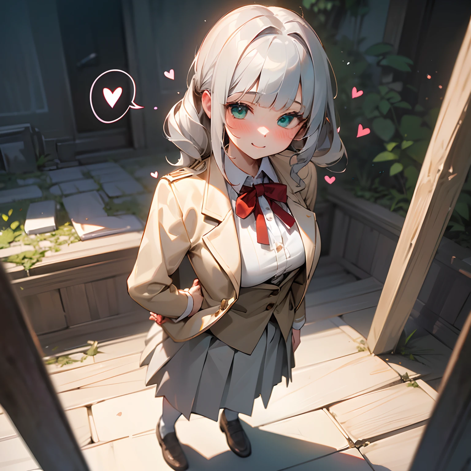 ((Masterpiece)), (Professional Photography:1.2), (High Definition:1.3), best quality, 8K, from above, Textured skin, cinematic lighting, (1girl), short stature, ((cute teenage young girl)), (very blunt bangs, slightly loose curls hair, breasts length hair, high details of pale silver hair), ((very blush and smile face)), cute green eyes, drooping eyes, ((spoken many Hearts)), slender waist, (pale Ivory color blazer student's uniform, white blouse, red string ribbon, brown skirt), model posing in the ragged ruin garden