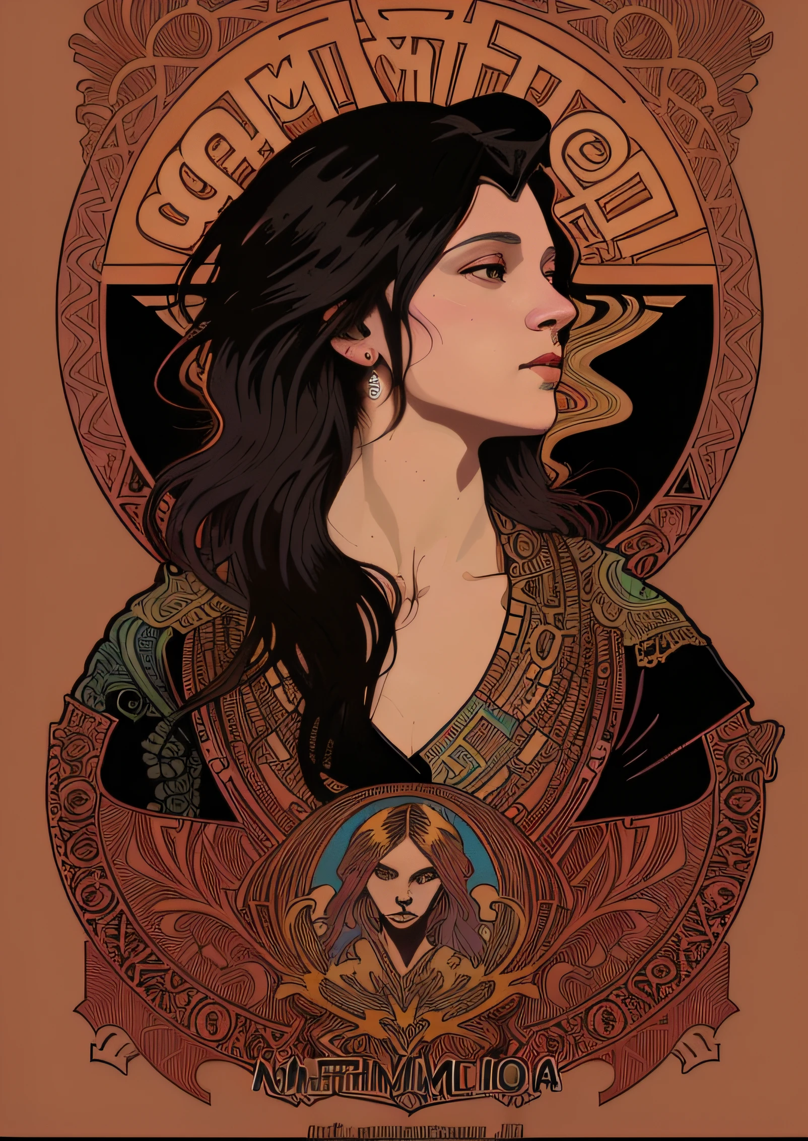 uma mulher com cabelo preto longo e um fundo vermelho, Martin then, Martin then, Retrato da obra, muita vibe, Arte Nova Lilith, Estilo Alphonse Mucha, Muito estilo 4K, Estilo Shepherd Fairey, Alphonse Mucha e Alena Aenami, Artem Demura Alphonse Mucha, Arte Nova! Cyberpunk! Estilo, beleza Arte Nova mulher