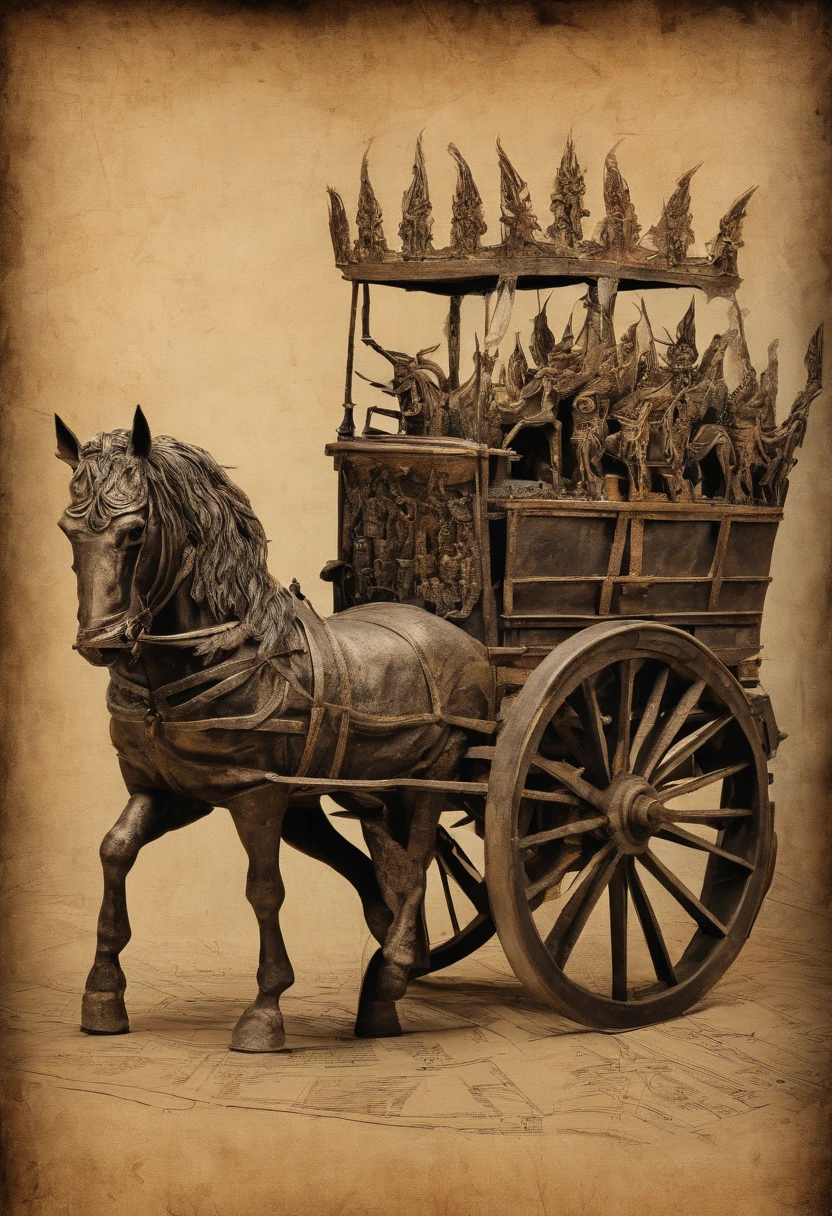 Rough coal sketch on old paper, Drawing of a horse-drawn chariot with flaming heads of fire sketched on an old sheet of paper.