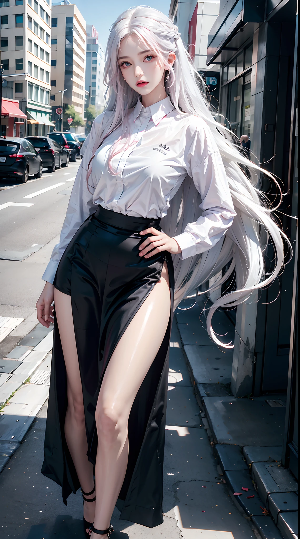 A cute brunette kawaii appearance beautiful angelic dark skin white hair red eyes sexy body thick thighs curvy and medium breasts long voluminous curly white hair long white hair gym outfit full body view girl standing in the middle of the road holding her cell phone white blouse black pants blouse top ripped pants girl with choker piercings a very chic boots Busy street hair flying looking at the viewer cute kawaii white hair white hair white hair