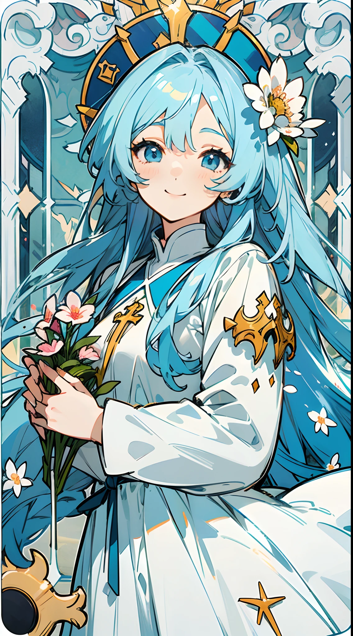 (The skin is not exposed, Volume Long Sleeve Dresses), (Solo), Very cute girl (1), Colorful flowers on strawberry background, Large church windows、sunlight shining through, ((Shiny blue super long hair, Tied hair )), (Super smile), Dynamism, (Blue eyes), (Detail Objects)