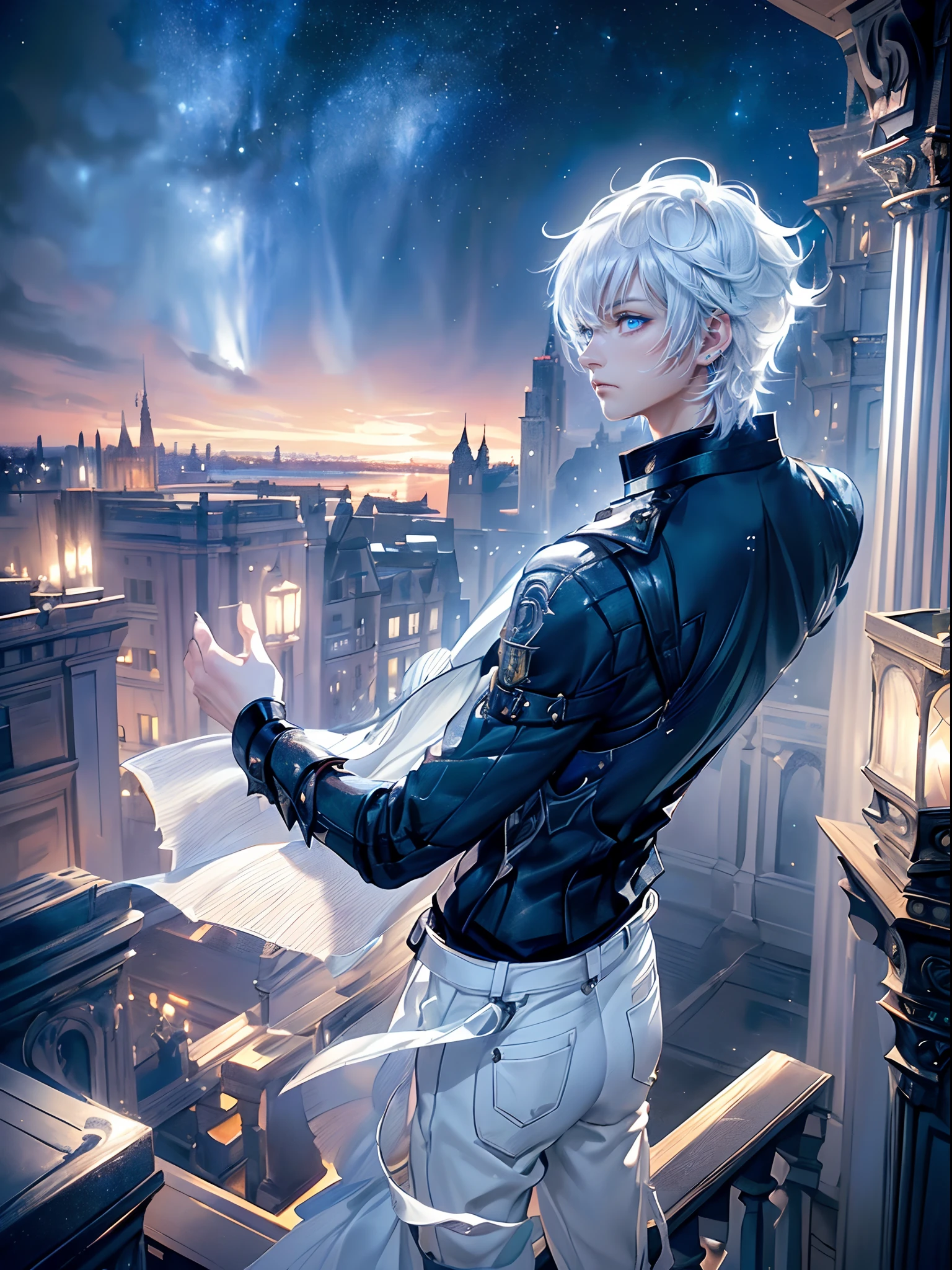 ((4K works))、​masterpiece、(top-quality)、One beautiful boy、Slim body、tall、((Black Y-shirt and white pants、Charming British knight style))、(Detailed beautiful eyes)、Fantastic English black balcony、Castle inhabited by villains、Balcony at night、((Starry sky in the background))、((dark sky))、((Fashionable city scenery at midnight))、((Standing on a stylish balcony and shooting))、mid night、((Face similar to Carly Rae Jepsen))、((Short-haired white hair))、((Smaller face))、((Neutral face))、((Bright blue eyes))、((American adult male))、((Adult male 26 years old))、((Cool Men))、((Like a celebrity))、((Angry look))、((Korean Makeup))、((elongated and sharp eyes))、((Happy dating))、((boyish))、((Upper body photography))、Professional Photos、((Shot alone))、((shot from back))、((Shot so that the back of the head is visible))、((Focus zoom in))、((He is looking at the starry sky))、((He is standing on the balcony))、horor、((Beautiful and cool photos))、Cool pose