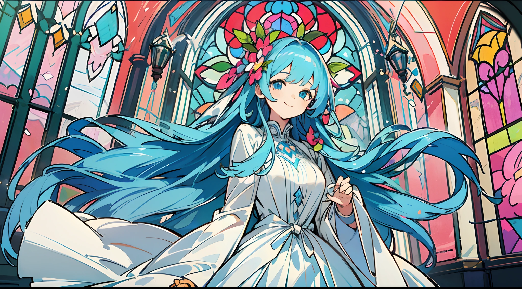 (The skin is not exposed, Voluminous long-sleeved dresses), (Solo), Very cute girl (1), Colorful flowers on strawberry background, Large stained glass windows、sunlight shining through, ((Shiny blue super long hair,  Tied hair )), (Super smile), Dynamism, (Blue eyes),  (Detail Objects)