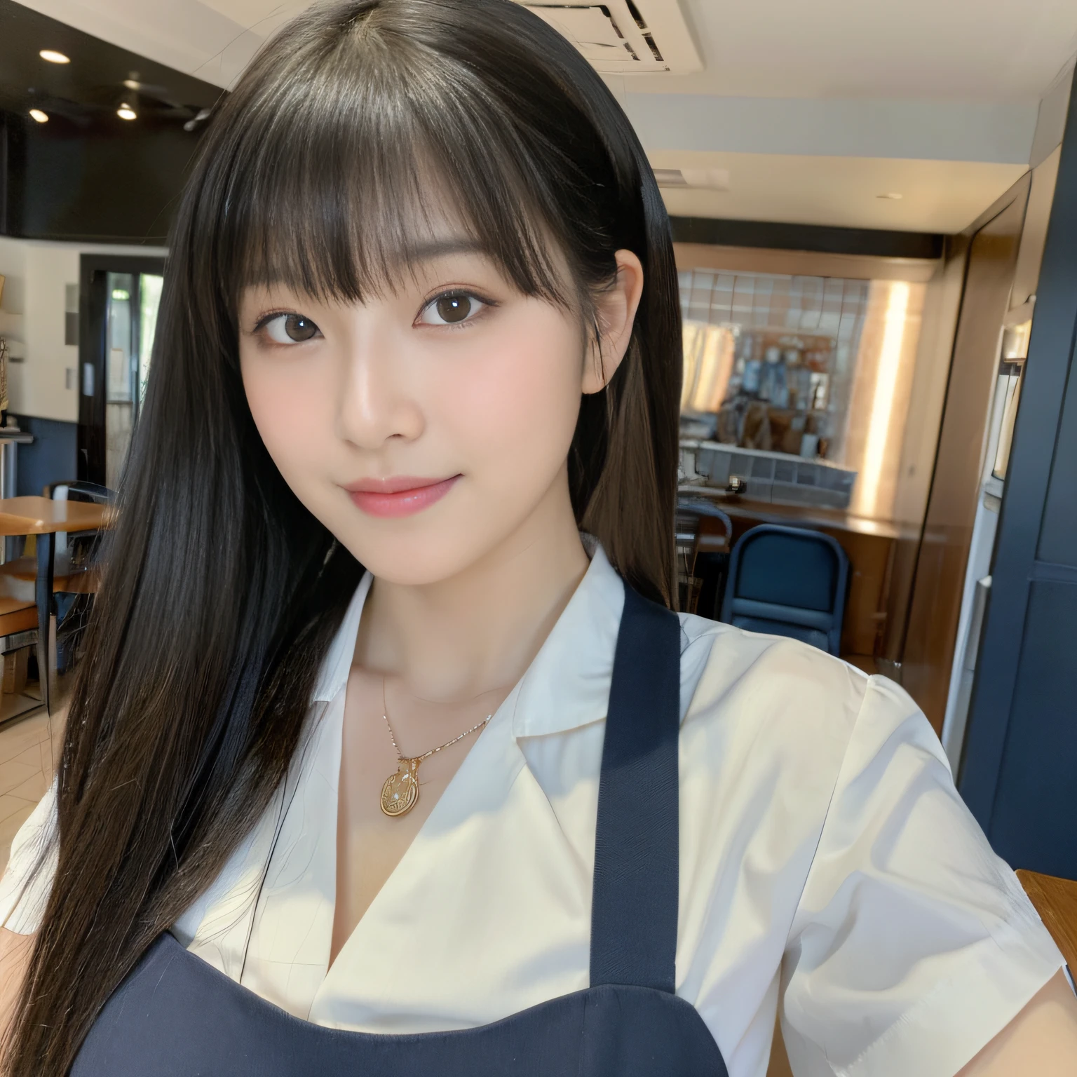 (top-quality,masterpiece:1.3,超A high resolution,),(ultra-detailliert,Caustics),(Photorealsitic:1.4,RAW shooting,)Ultra-realistic capture,A highly detailed,High resolution 16K human skin closeup。 Skin texture is natural、,The pores are、Must be detailed enough to be easy to identify。 Skin should look healthy with even tones。 Use natural light and color,resturant,Waitress uniform,女の子1人,japanes,18year old,kawaii,A dark-haired,Middle hair,(large boob),smil,Turn your body to the front,(front-facing view:1.2),Looking at the camera,cowboy shot,boob focused,chest close-up