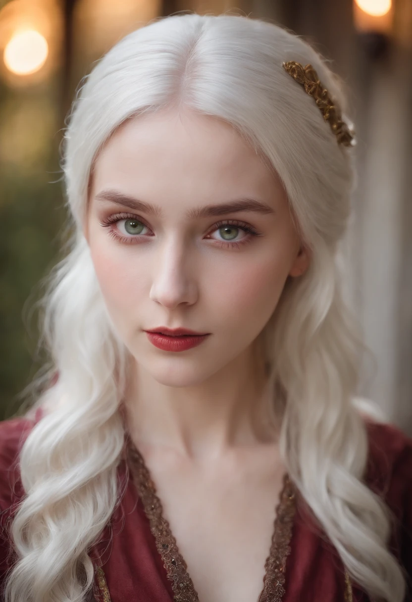 (((A deep reddish wound crosses her left cheek))) Fair complexion, Female about 19 years old, natural white hair, Distinctive green eyes, Wearing Kohl, slender and graceful, Beautiful, Candles in a medieval setting, ultra sharp focus, realistic shot, Medieval women's clothing, Notebook colors (scar:1.4)