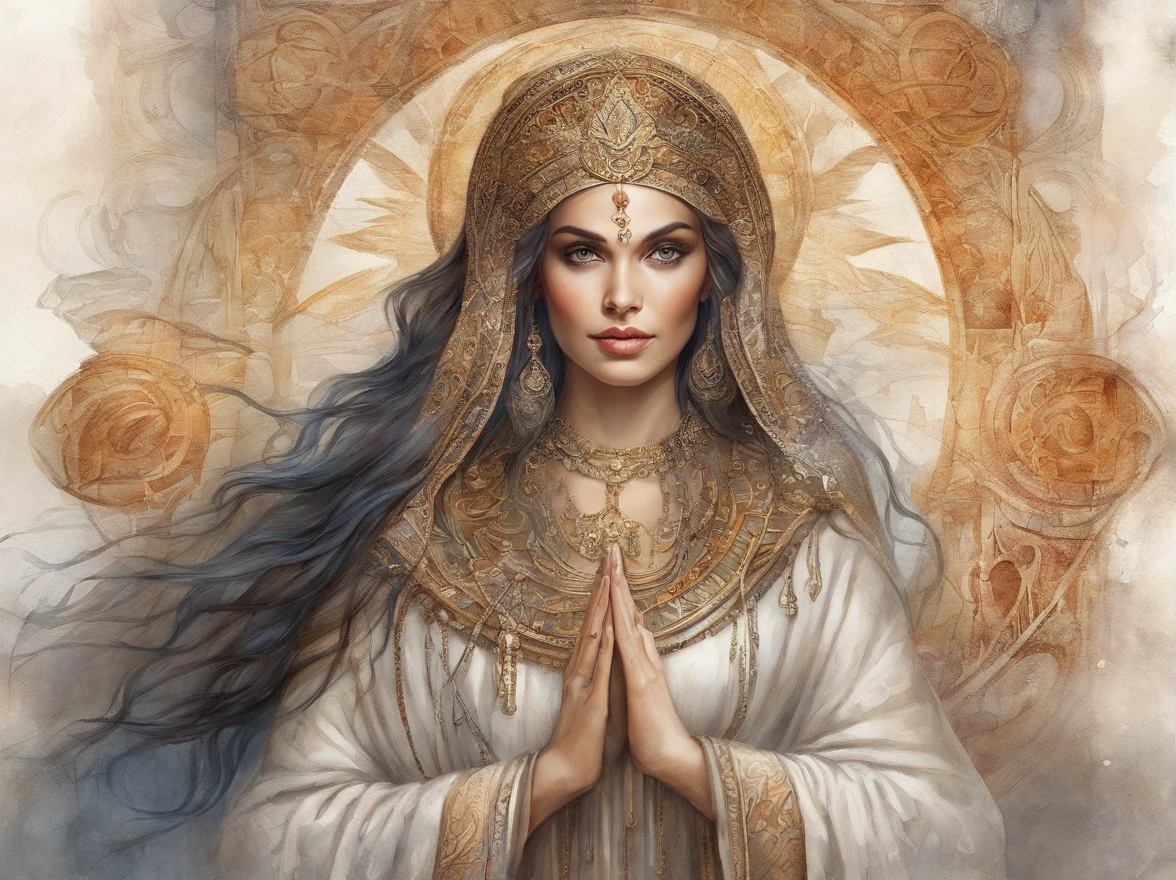 (Masterpiece, Top Quality, Best Quality, official arts, beautiful and aesthetic:1.2), Girl, Detailed Face, long dark hair, brown eye, full - body, greek long-sleeved robe, celestial, Holy, extremely beautiful, higly detailed, (Wodena in the background), light effects, highest detail, particles floating, Ancient runes, Geometric patterns, V0id3nergy , dove, eye shadow, epic atmosphere