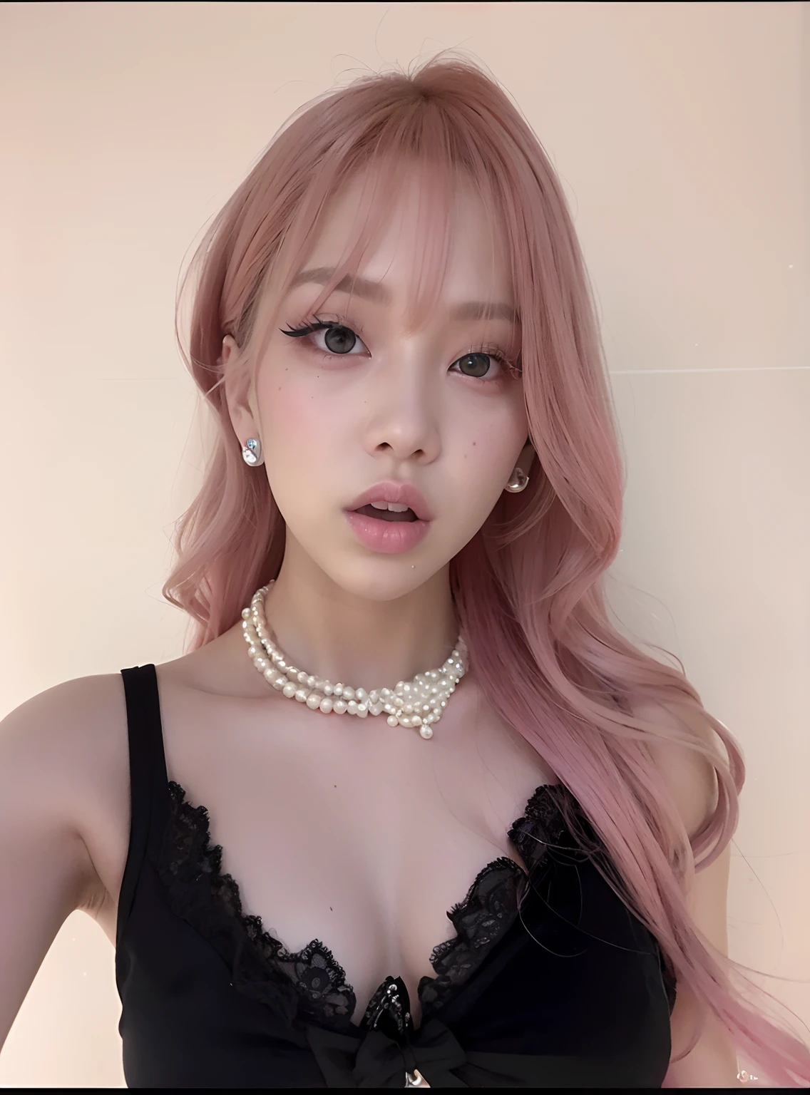 araffe girl with pink hair and a pearl necklace posing for a picture, lalisa manoban of blackpink, roseanne park of blackpink, portrait of jossi of blackpink, lalisa manobal, jossi of blackpink, ulzzang, jisoo from blackpink, pearl choker, sun yunjoo, popular south korean makeup, jisoo of blackpink, portrait jisoo blackpink