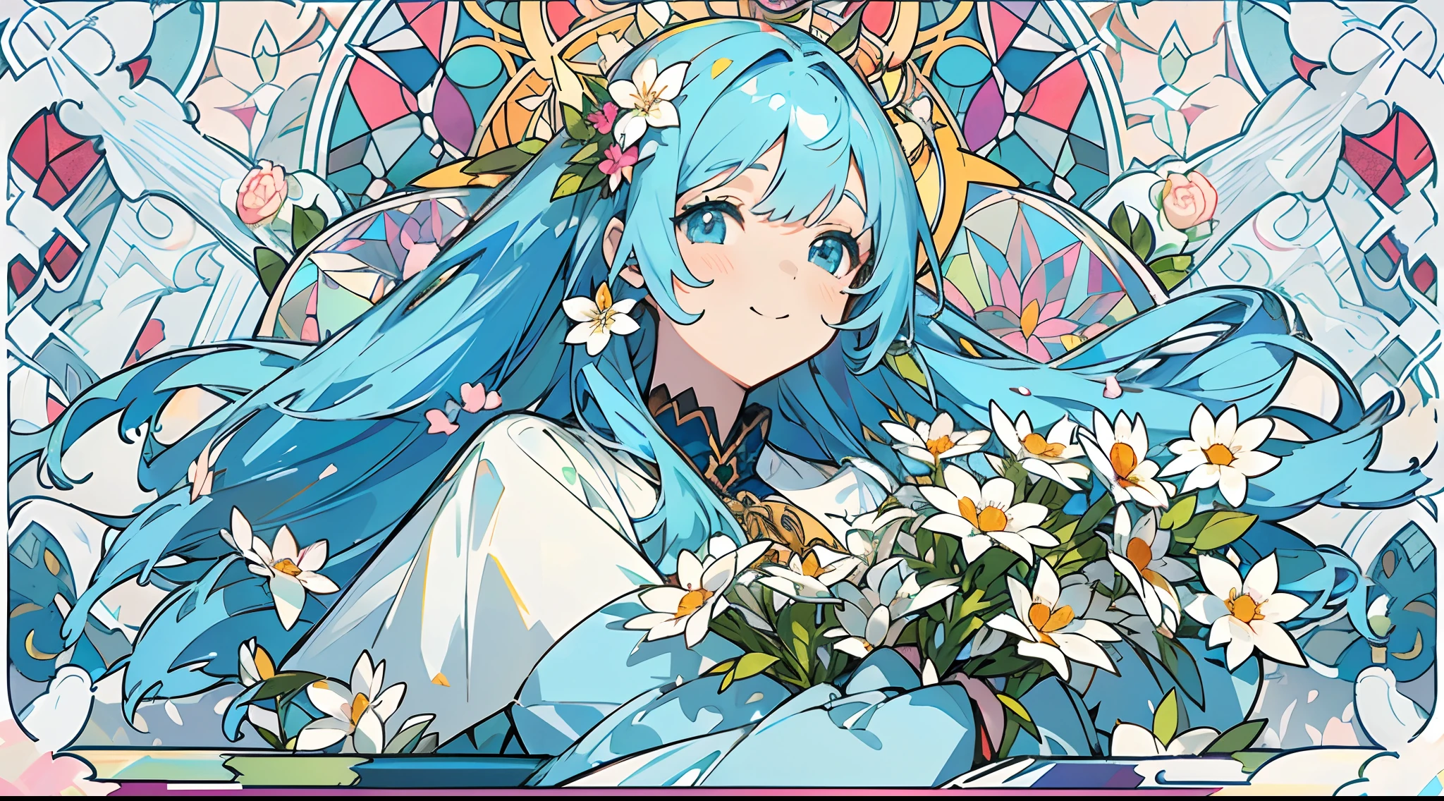 (The skin is not exposed, Voluminous long-sleeved dresses), (Solo), Very cute girl (1), Colorful flowers on strawberry background, Large stained glass windows、sunlight shining through, ((Shiny blue super long hair, Tied hair )), (Super smile), Dynamism, (Blue eyes), (Detail Objects)