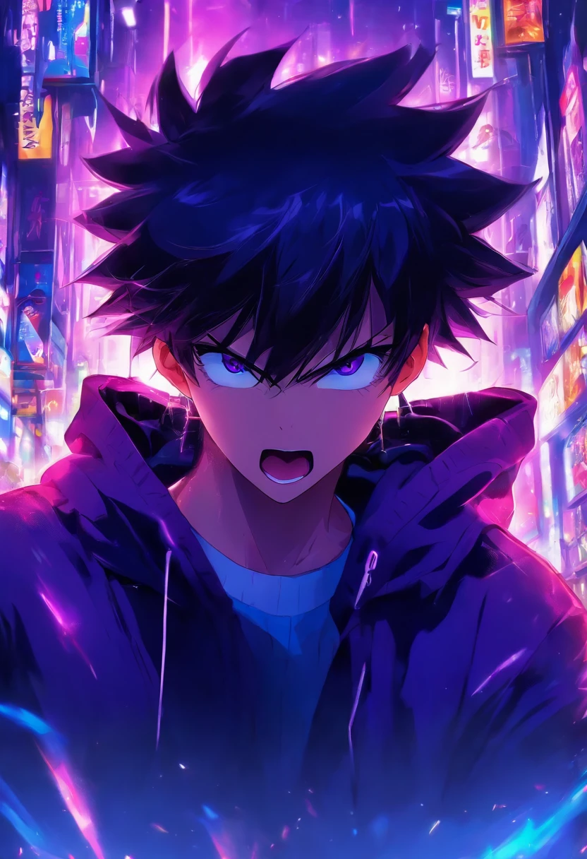 1 boy、A dark-haired、Purple Hoodie、💜、💊、Licking the tongue、short-haired、Black pants、