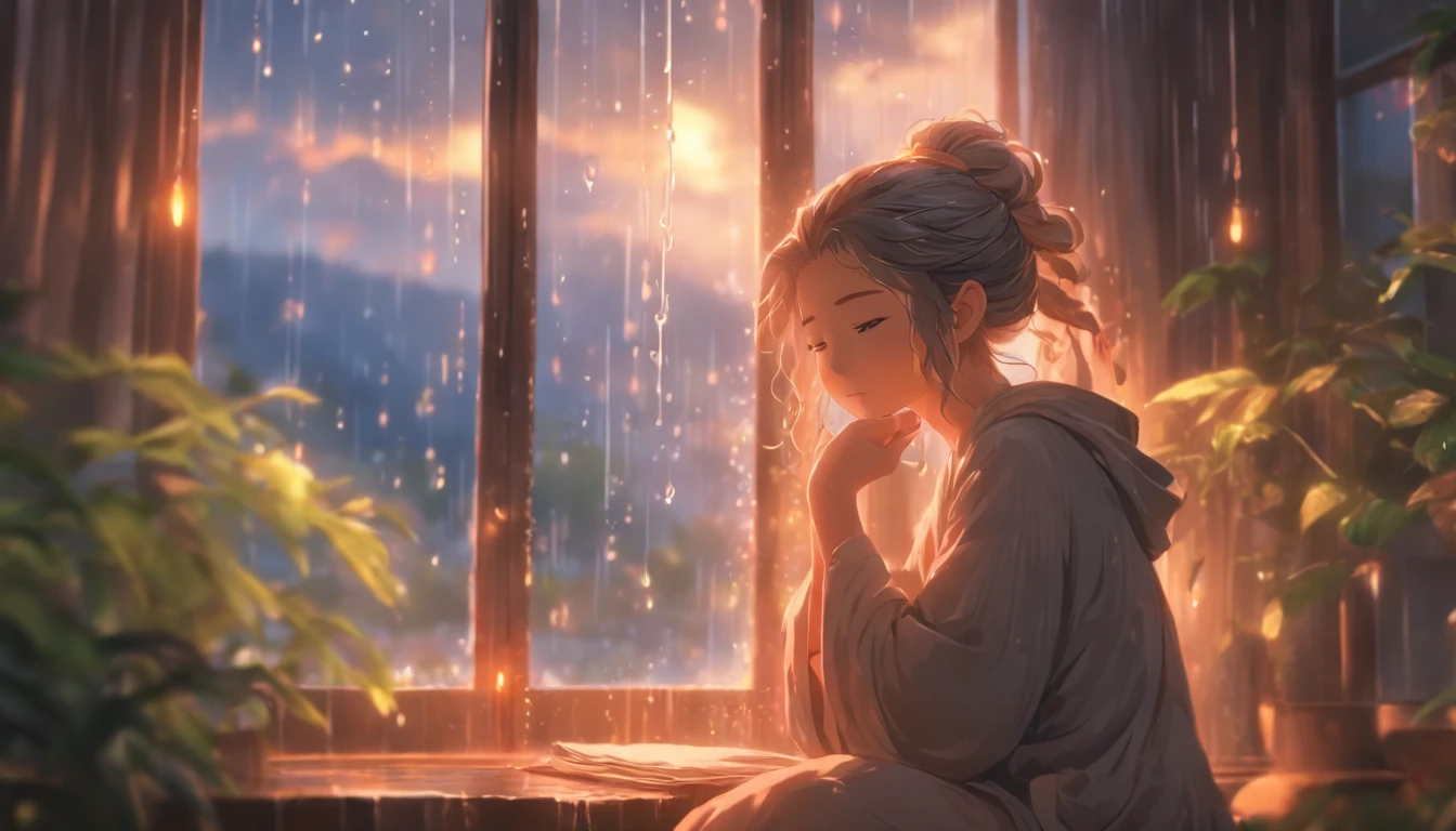 (best quality,realistic,highres),a girl meditating in her room,on a rainy day with windows open,beautiful detailed eyes,beautiful detailed lips,longeyelashes,deep concentration,peaceful,serene atmosphere,soft natural lighting,calm and tranquil surrounding,cozy interior,decorative elements,feng shui arrangement,comfortable meditation cushion,vibrant green plants,subtle rain sounds,gentle breeze,refreshing aroma of rain,vivid colors,bluish-gray tone,harmony between nature and human,emotional connection with the rain,scenic view outside the window,portraits