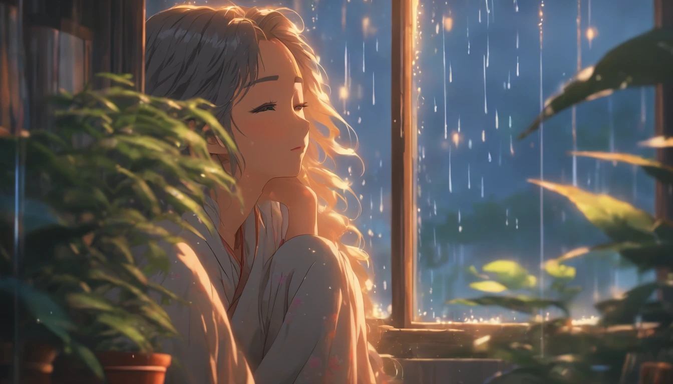(best quality,realistic,highres),a girl meditating in her room,on a rainy day with windows open,beautiful detailed eyes,beautiful detailed lips,longeyelashes,deep concentration,peaceful,serene atmosphere,soft natural lighting,calm and tranquil surrounding,cozy interior,decorative elements,feng shui arrangement,comfortable meditation cushion,vibrant green plants,subtle rain sounds,gentle breeze,refreshing aroma of rain,vivid colors,bluish-gray tone,harmony between nature and human,emotional connection with the rain,scenic view outside the window,portraits