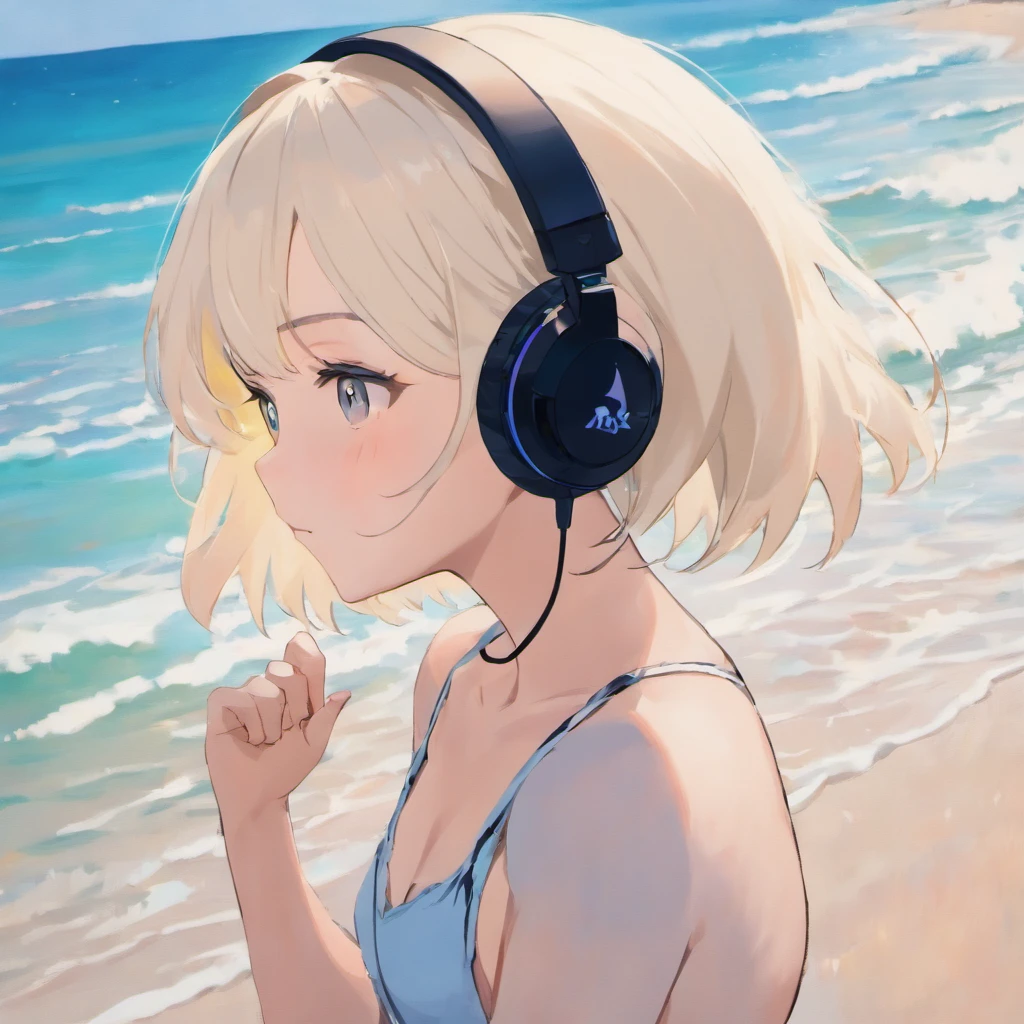 A girl with short white hair，Bringing headphones at the beach。