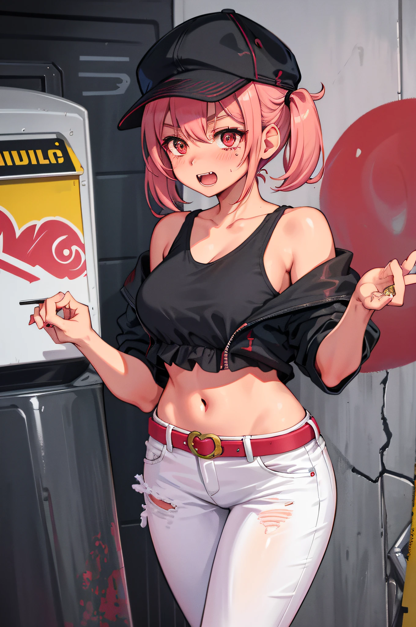 Original character, volume lighting, burnt skin, black skin, best shadow, short hair, tears, open mouth, invincible smile, shallow depth of field, short hair, portrait of a stunningly beautiful girl, delicate and beautiful attractive face with petite and seductive red eyes, messily painted face, blush, fangs out, mouth fully open, beautiful medium breasts, Layered Long Twin Tails Red and Pink Hair, Short Hair, Blush Eyeshadow, Dark Eyelashes, Applejack Hat, Swimsuit, White Bra, Open Navel, Slim Waist, Denim Jeans Pants, With Buckle Belt, Holding Graffiti Alley, Trash Can, Exterior Staircase, Outdoor Unit, Spray Paint Can, Standing, (Top Quality, Great Details: 1.25), (Solo: 1.3), vivid colorful paintings