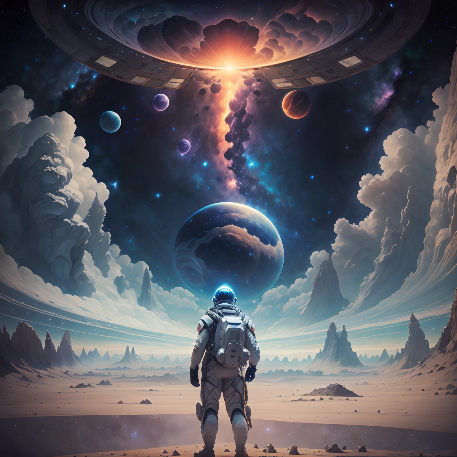 A man in a spacesuit explores Jupiter,Epic space exploration, A breathtaking vista of the universe, futuristic spacecraft, Interstellar Journey, Awe-inspiring celestial scenes, Distant star systems, ethereal nebulae, The magnificence of the universe, the mysteries of the cosmos are unraveled, Surreal interstellar landscape."