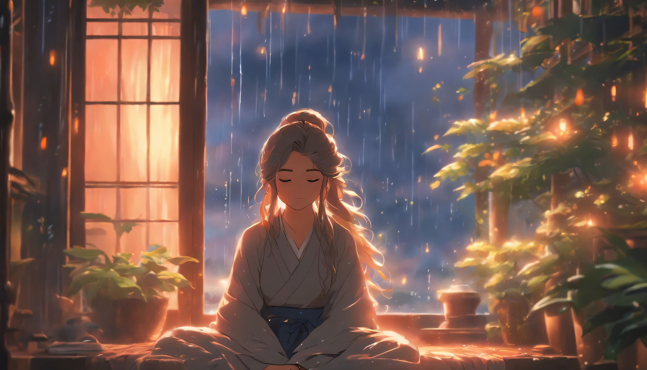 (best quality,realistic,highres),a girl meditating in her room,on a rainy day with windows open,beautiful detailed eyes,beautiful detailed lips,longeyelashes,deep concentration,peaceful,serene atmosphere,soft natural lighting,calm and tranquil surrounding,cozy interior,decorative elements,feng shui arrangement,comfortable meditation cushion,vibrant green plants,subtle rain sounds,gentle breeze,refreshing aroma of rain,vivid colors,bluish-gray tone,harmony between nature and human,emotional connection with the rain,scenic view outside the window,portraits