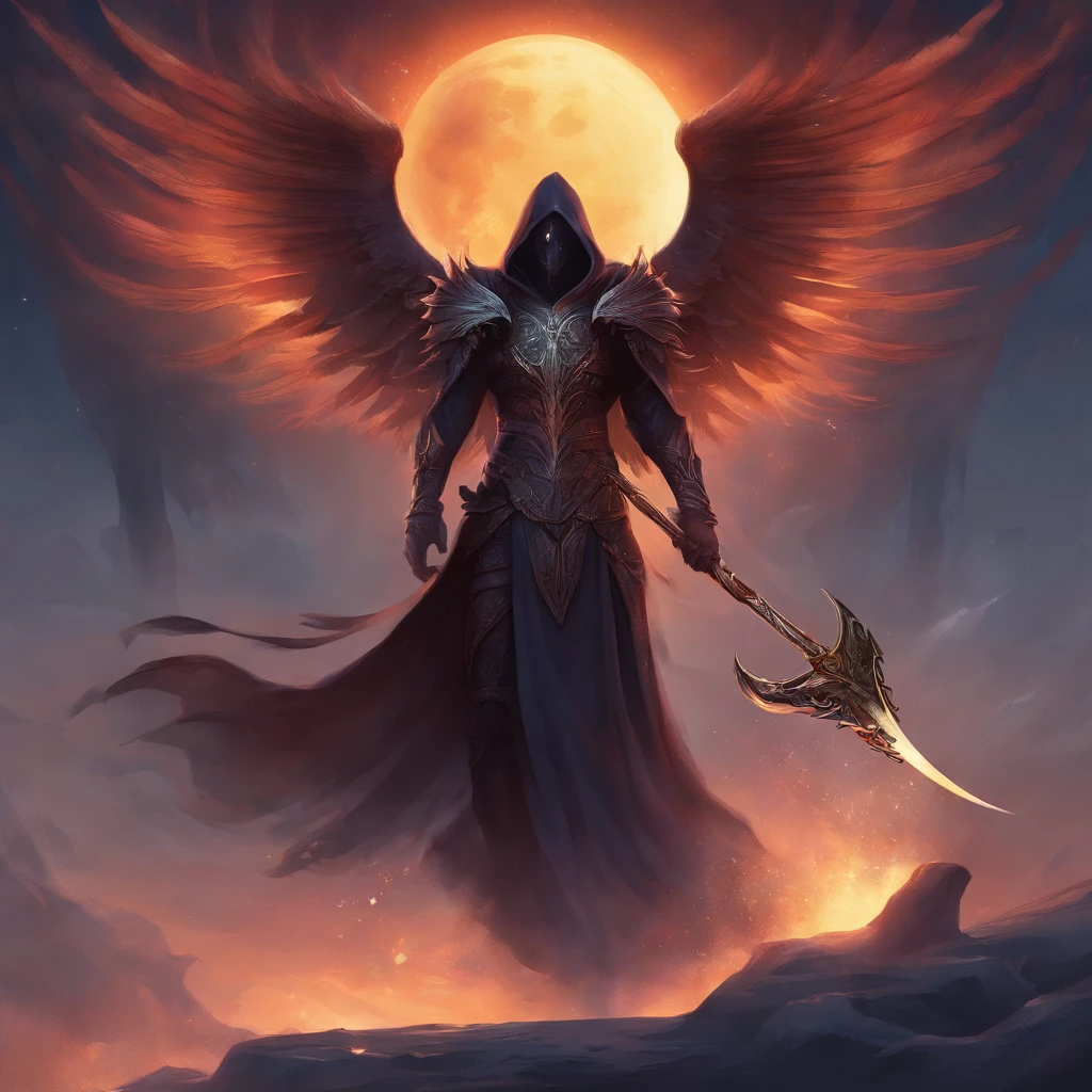 a phonk cover with a gliched dark angel of death with his scythe