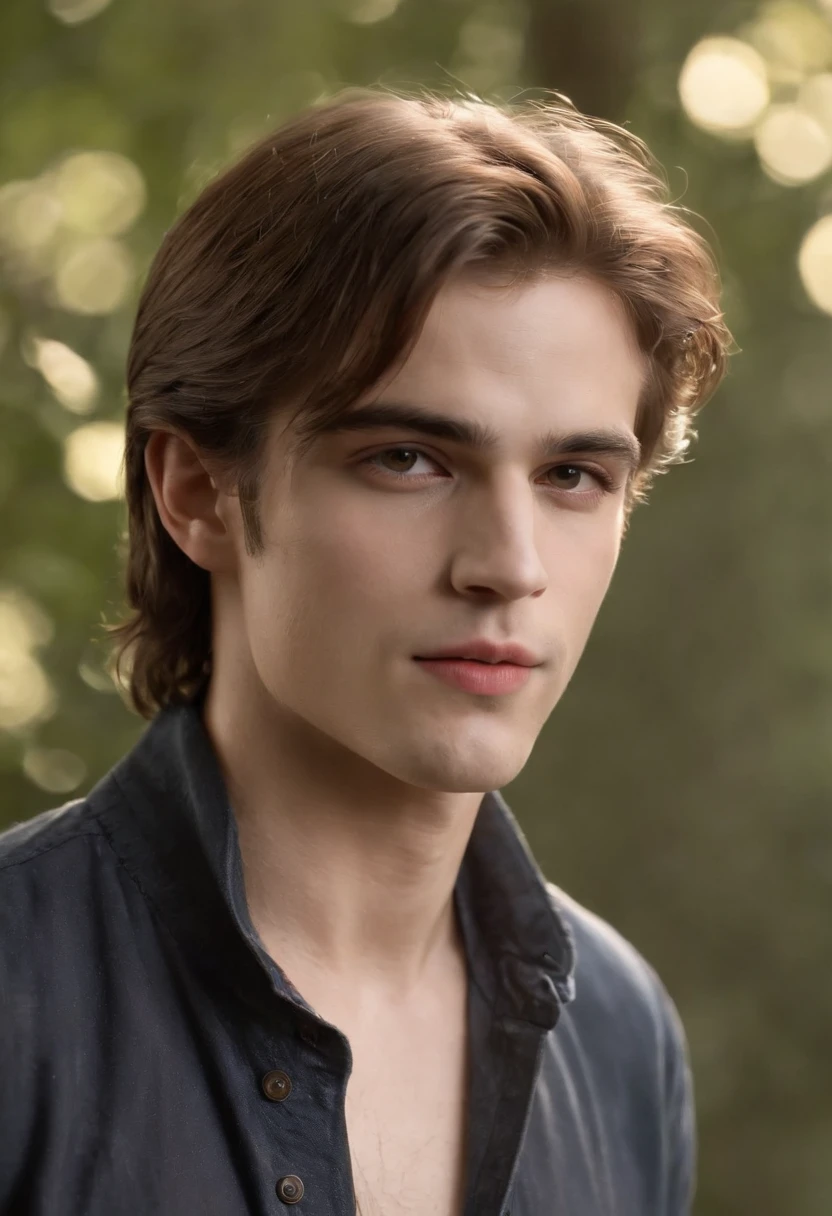 An-yeld fiulturista menino,((Tiro de corpo inteiro, nu)), embodying the perfect fusion of Joey Lawrence and Edward Cullen with long hair, exuding an aura of strength and confidence. Aprimorado com tecnologia HDR, Esta imagem retrata uma verdadeira obra-prima, 4k resolution